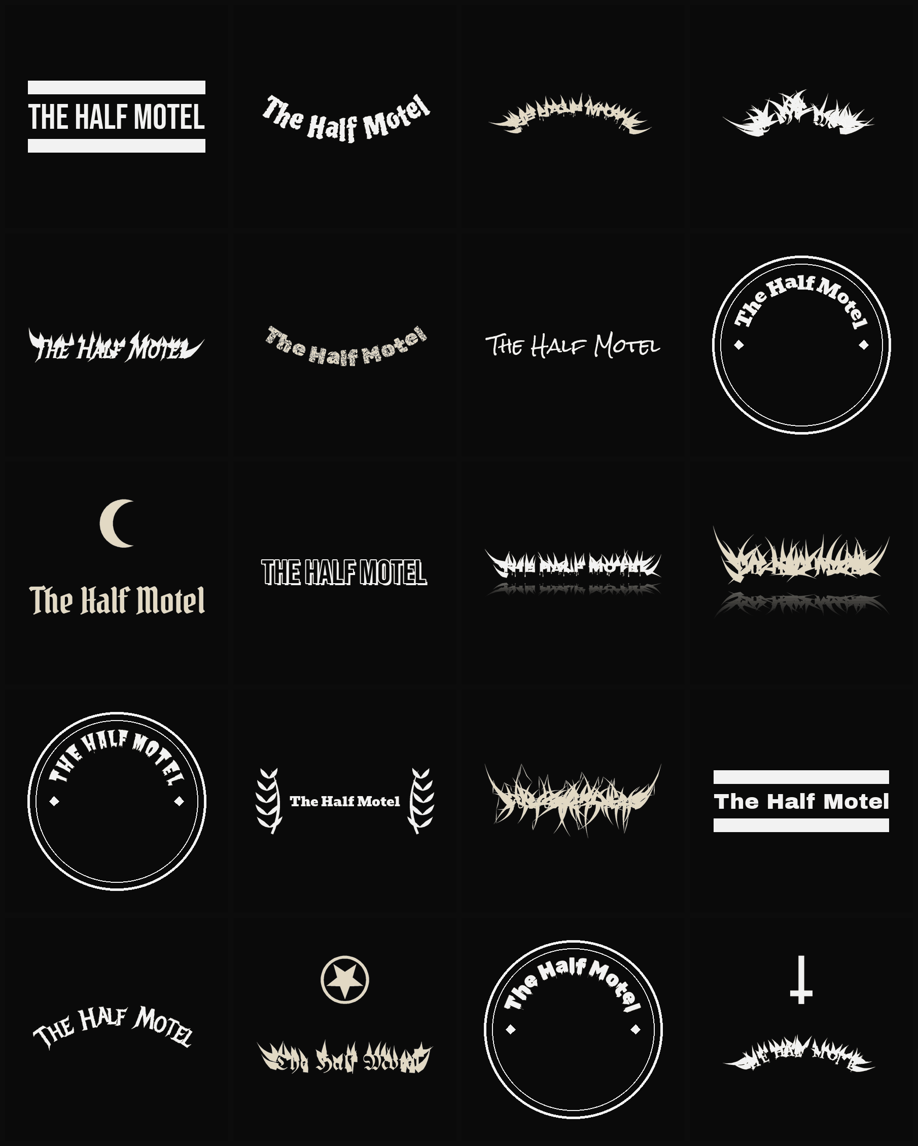 Twenty The Half Motel band logo ideas — different faces, treatments and spike settings