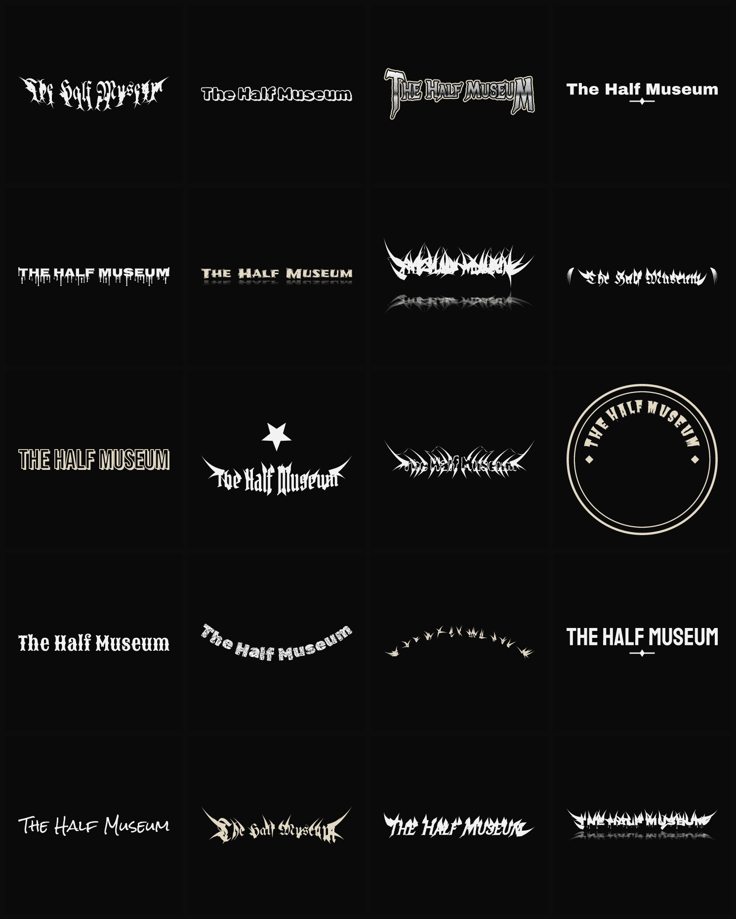 Twenty The Half Museum band logo ideas — different faces, treatments and spike settings