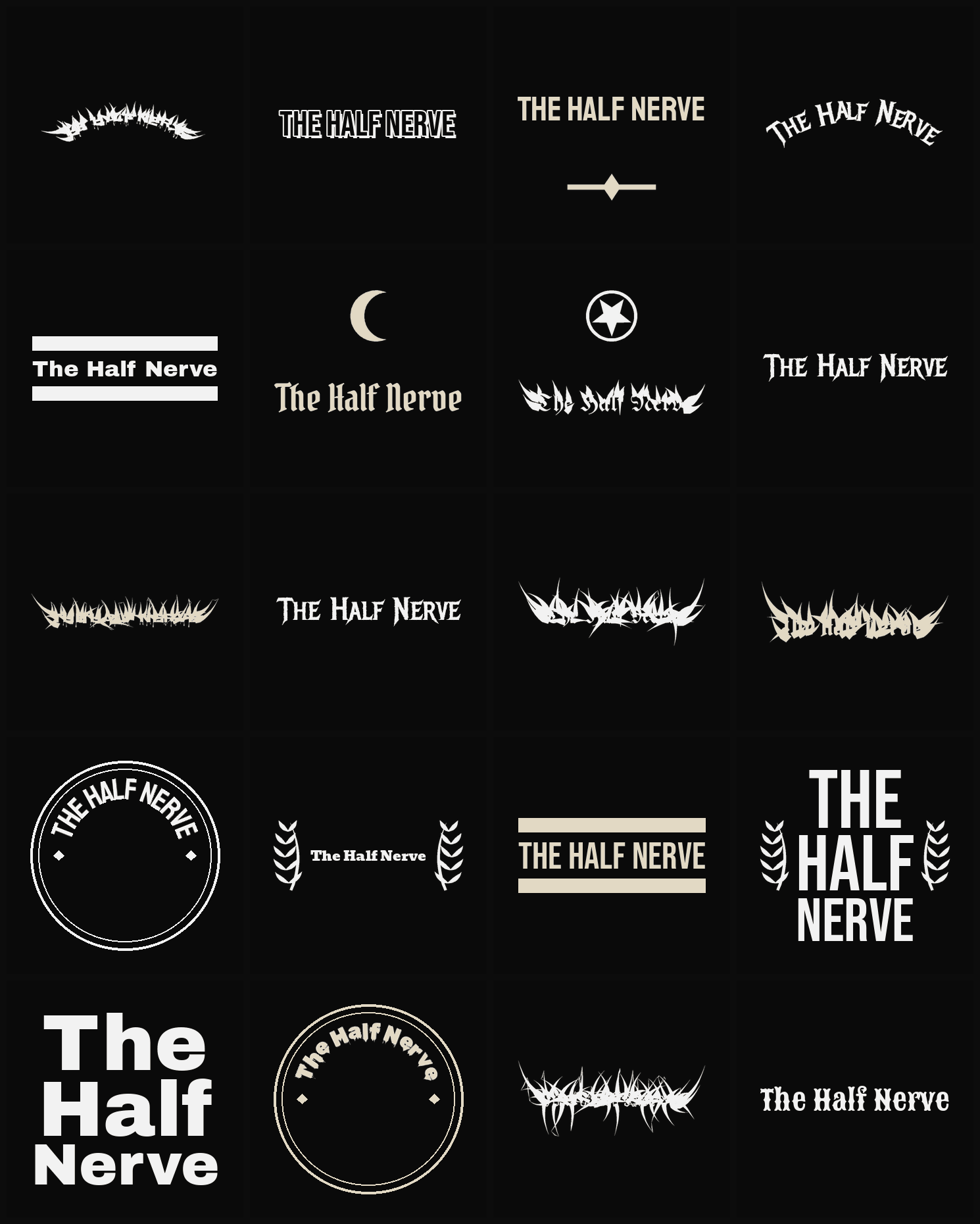 Twenty The Half Nerve band logo ideas — different faces, treatments and spike settings