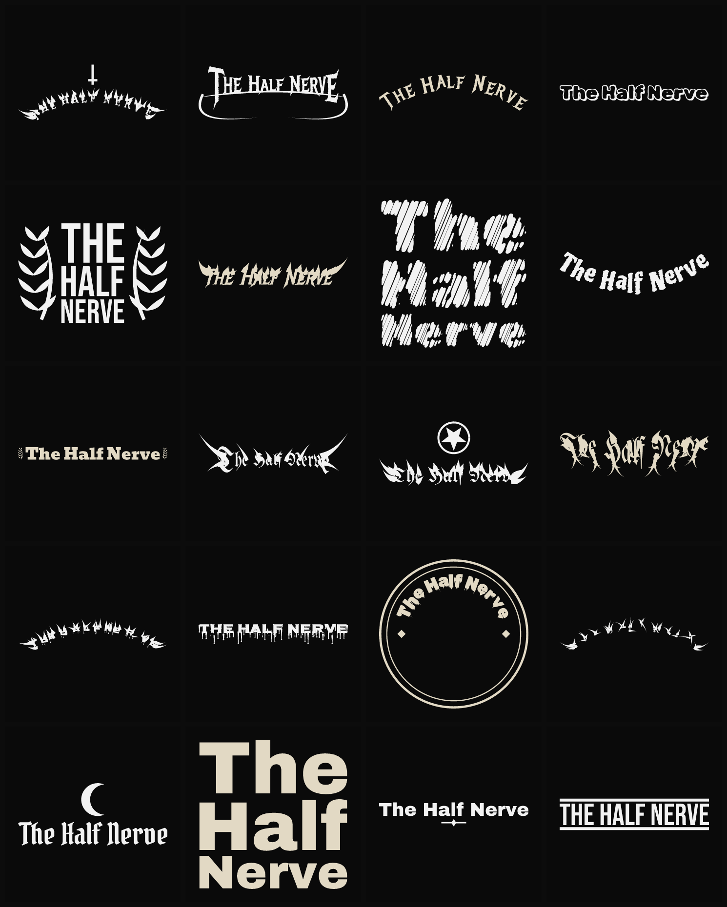 Twenty The Half Nerve band logo ideas — different faces, treatments and spike settings