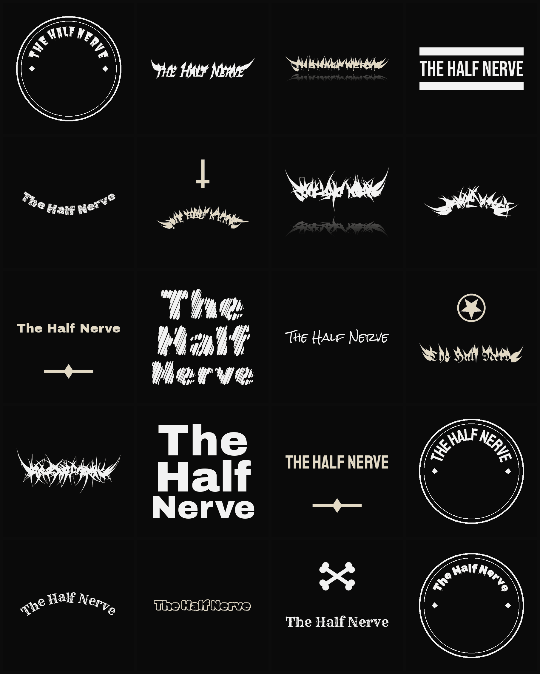 Twenty The Half Nerve band logo ideas — different faces, treatments and spike settings