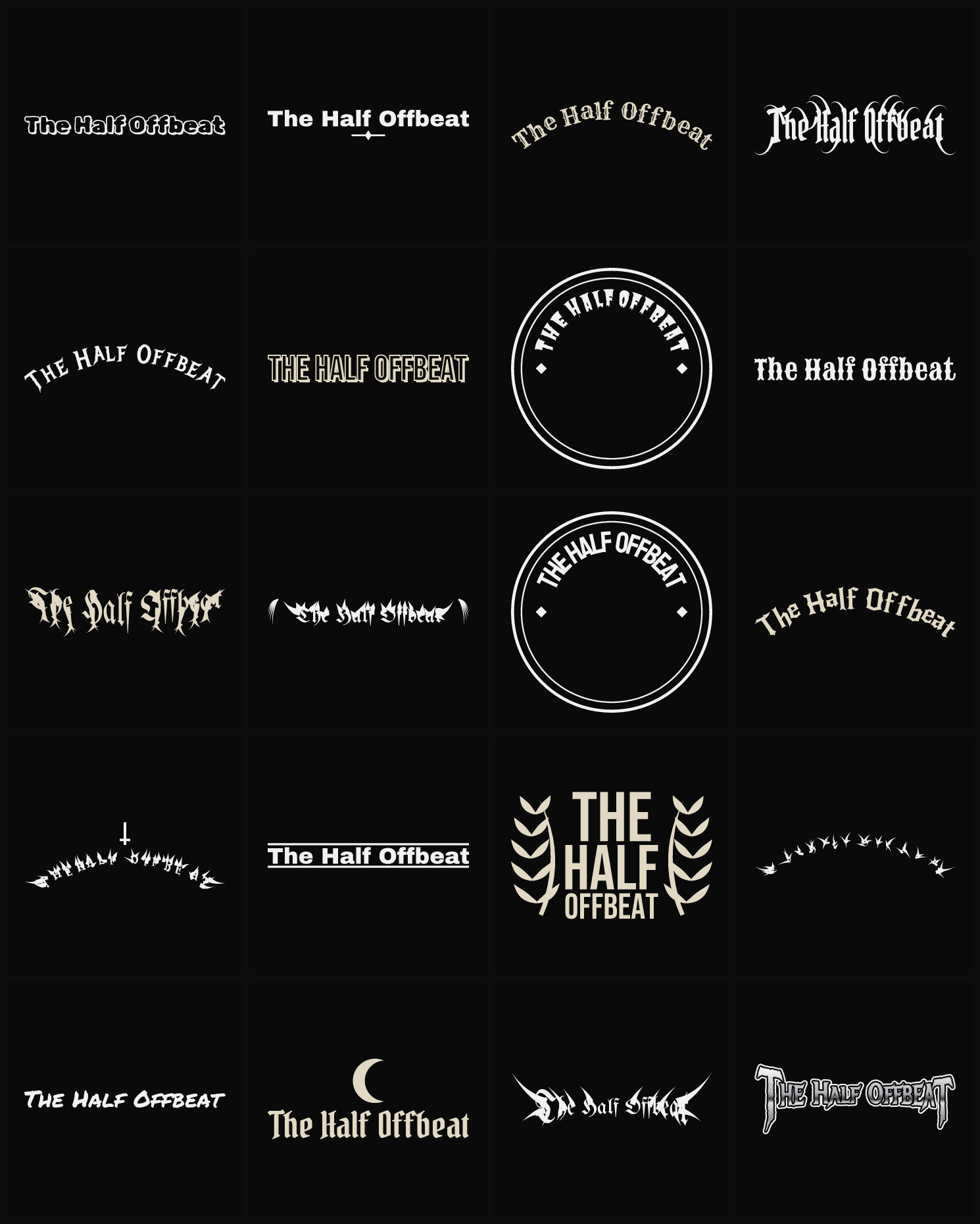 Twenty The Half Offbeat band logo ideas — different faces, treatments and spike settings