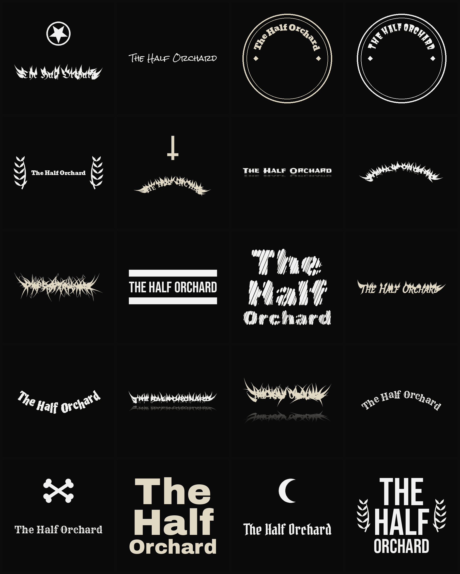 Twenty The Half Orchard band logo ideas — different faces, treatments and spike settings