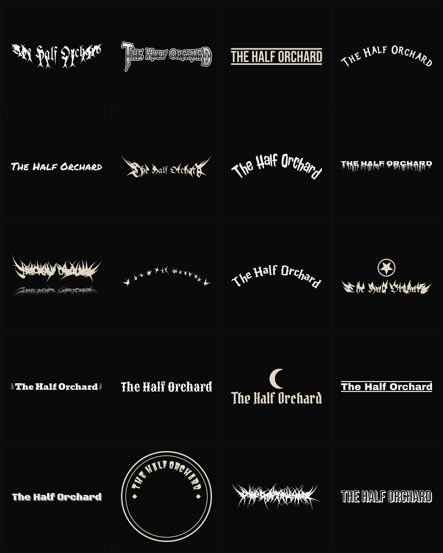 Twenty The Half Orchard band logo ideas — different faces, treatments and spike settings