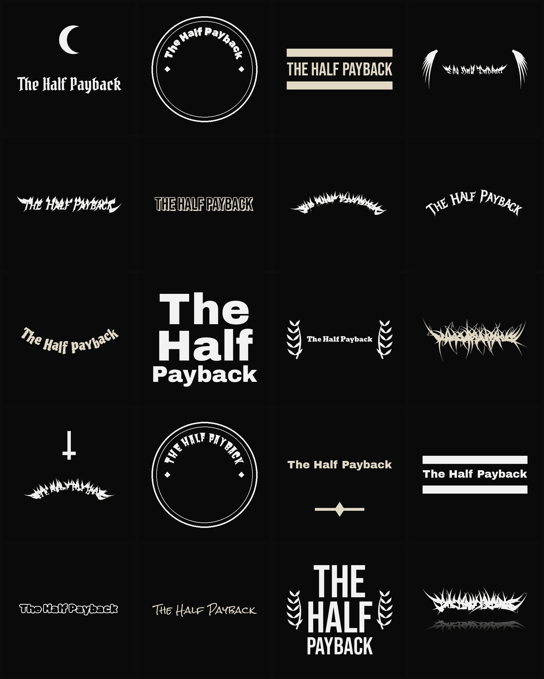 Twenty The Half Payback band logo ideas — different faces, treatments and spike settings