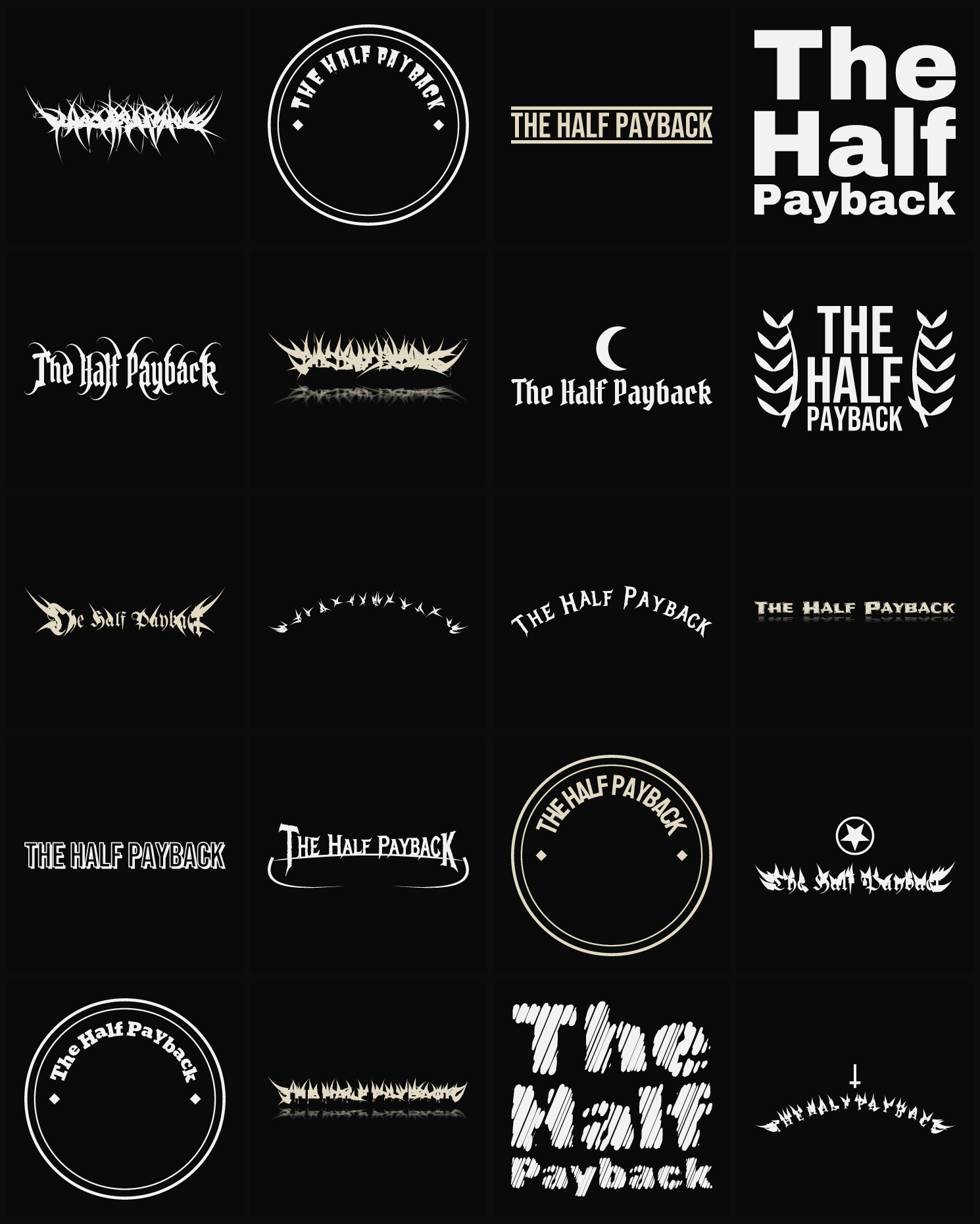 Twenty The Half Payback band logo ideas — different faces, treatments and spike settings
