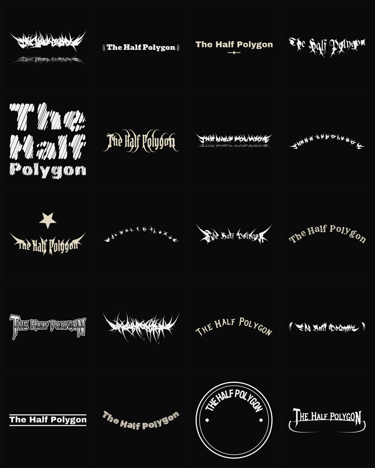 Twenty The Half Polygon band logo ideas — different faces, treatments and spike settings