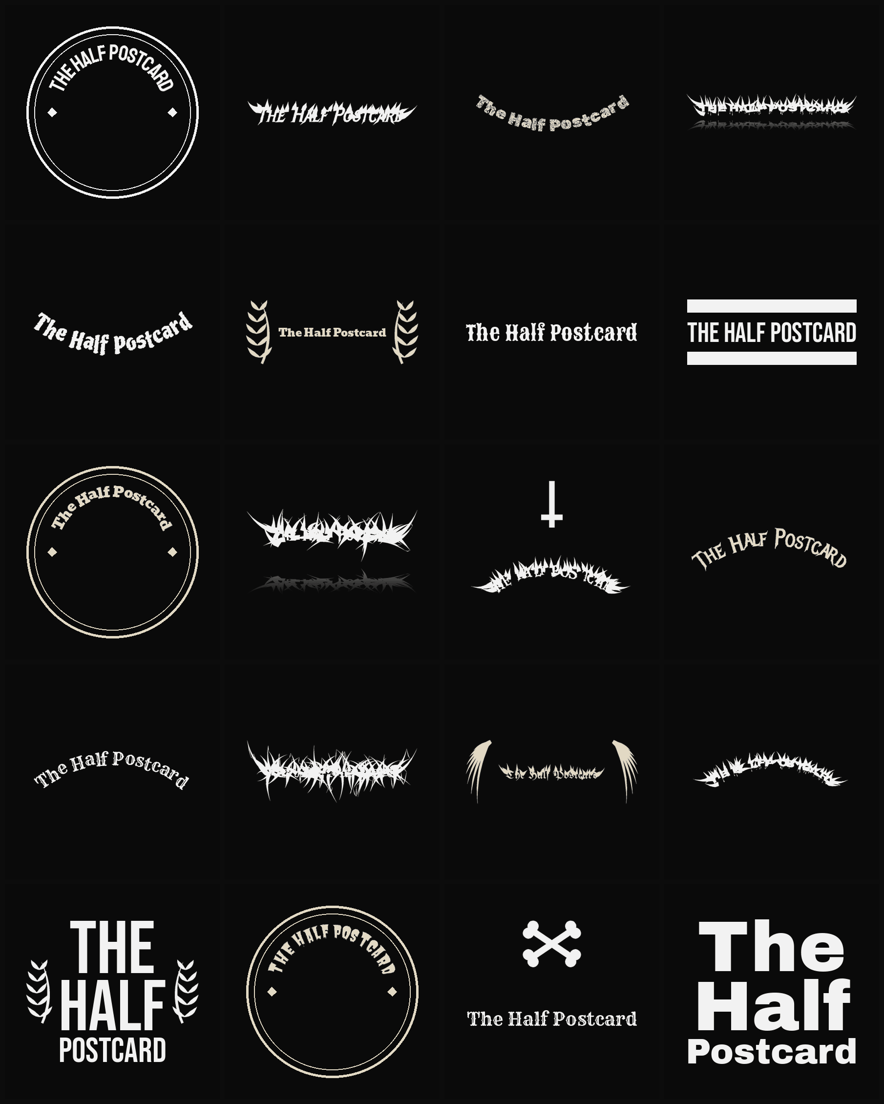Twenty The Half Postcard band logo ideas — different faces, treatments and spike settings