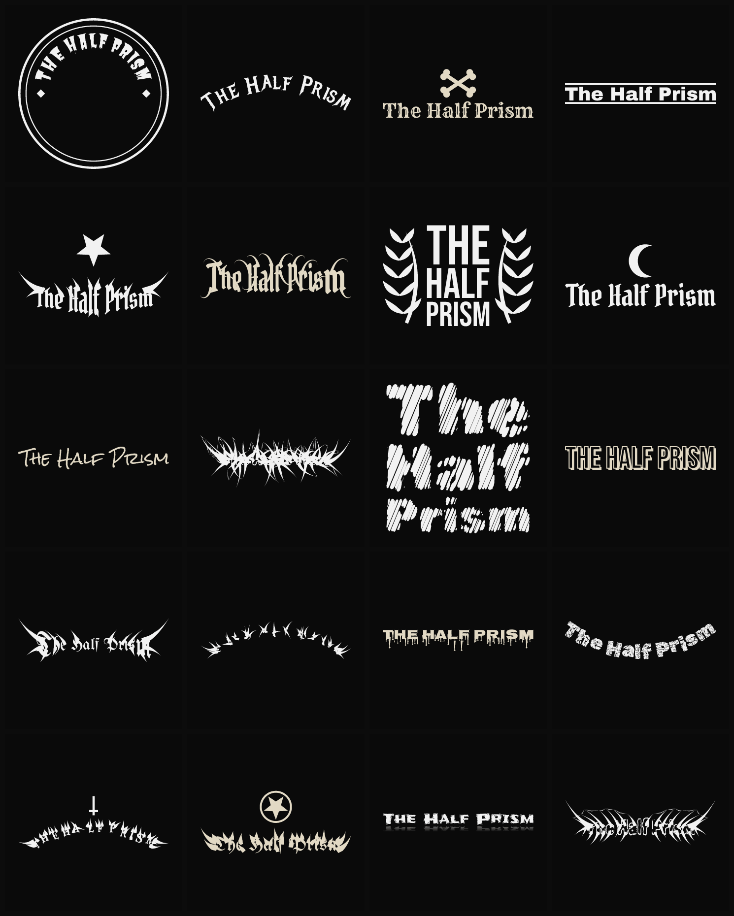 Twenty The Half Prism band logo ideas — different faces, treatments and spike settings