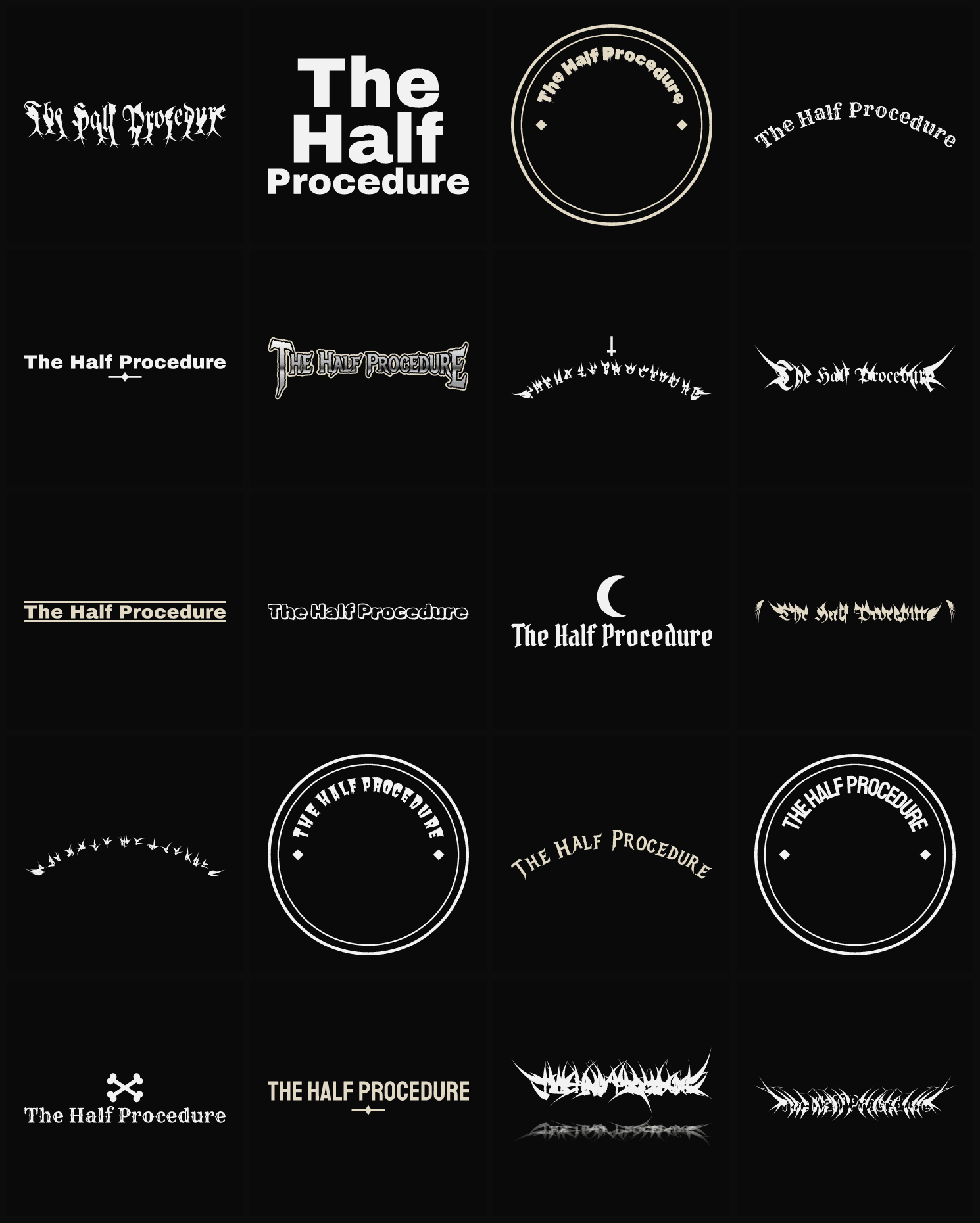 Twenty The Half Procedure band logo ideas — different faces, treatments and spike settings