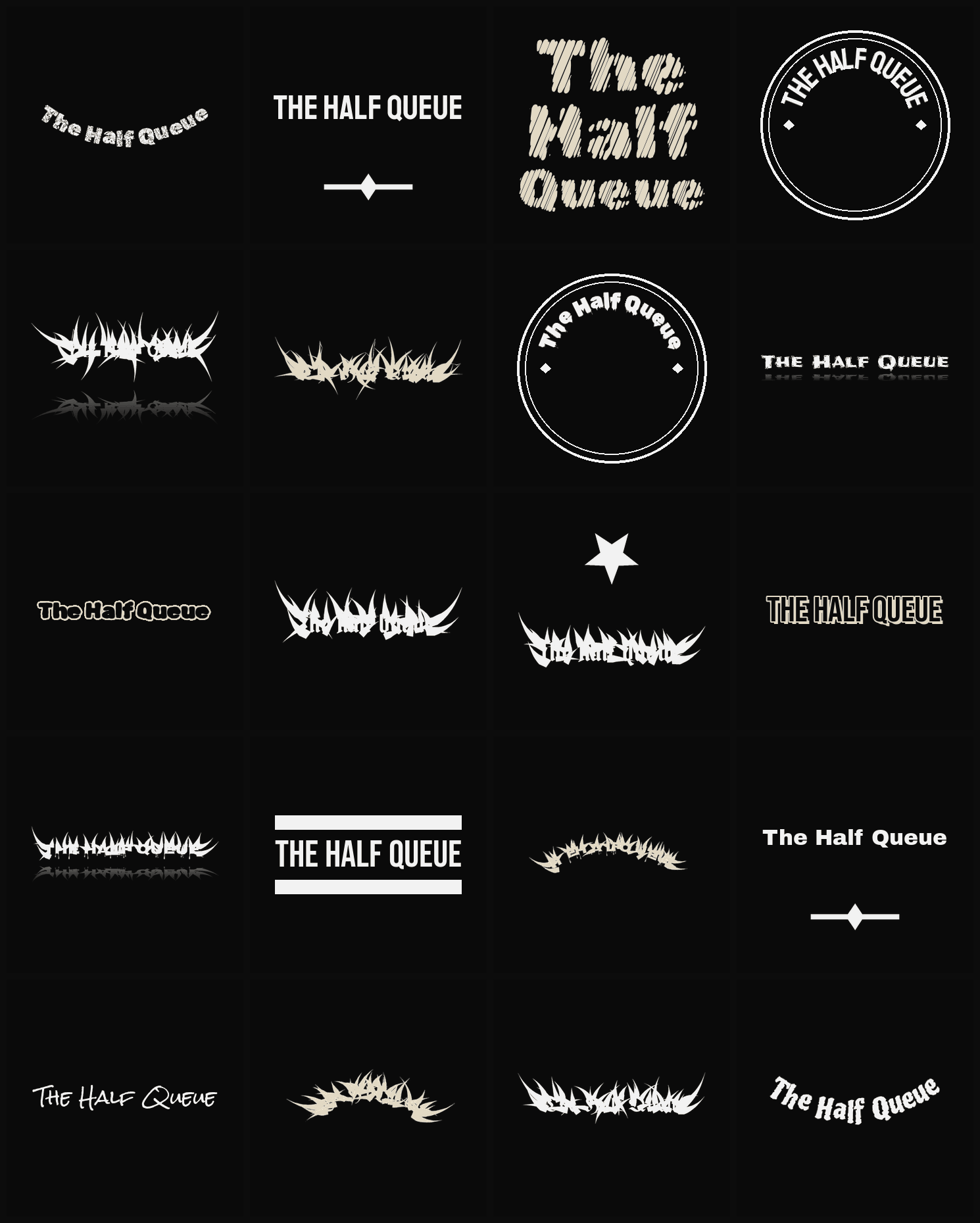 Twenty The Half Queue band logo ideas — different faces, treatments and spike settings