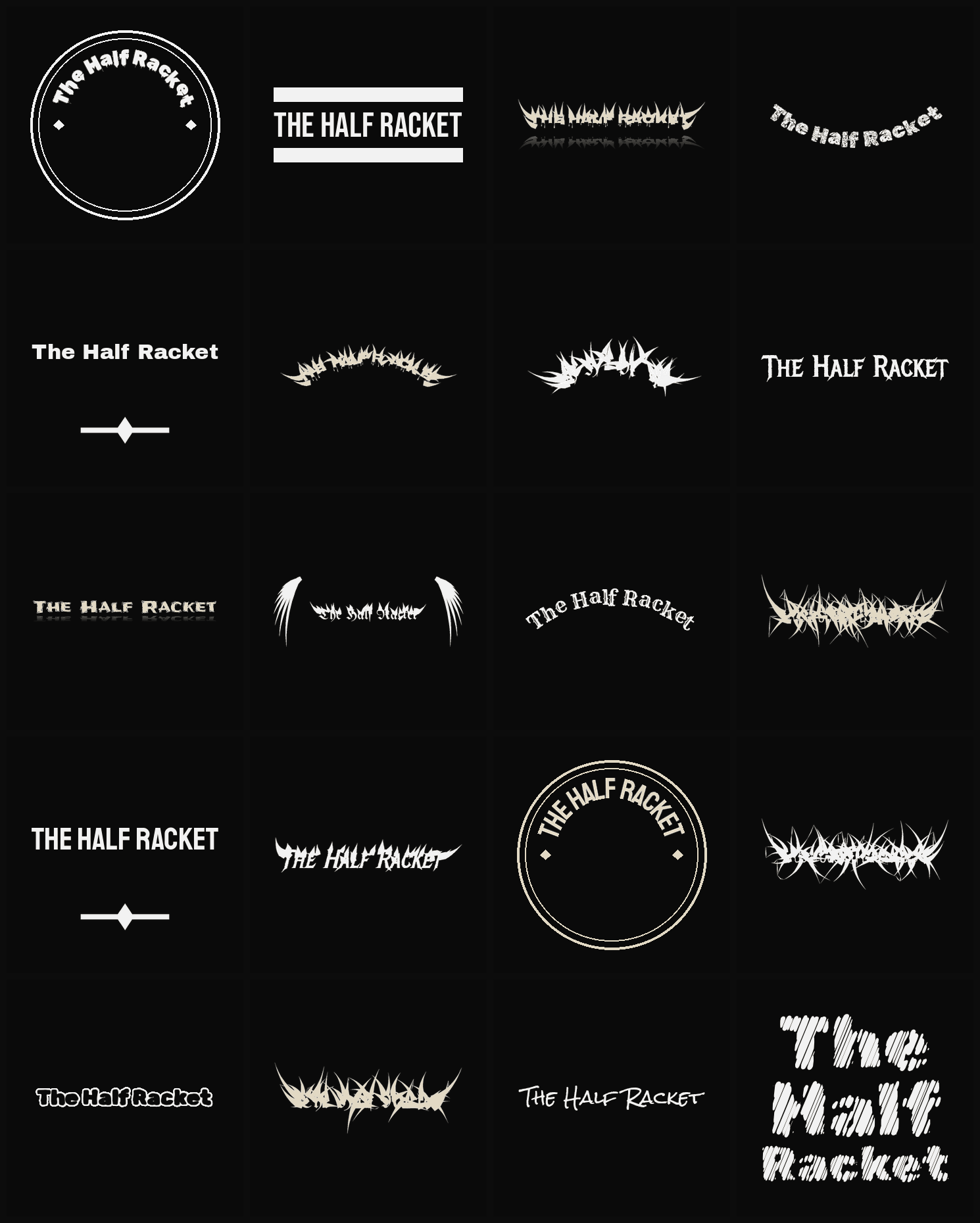 Twenty The Half Racket band logo ideas — different faces, treatments and spike settings
