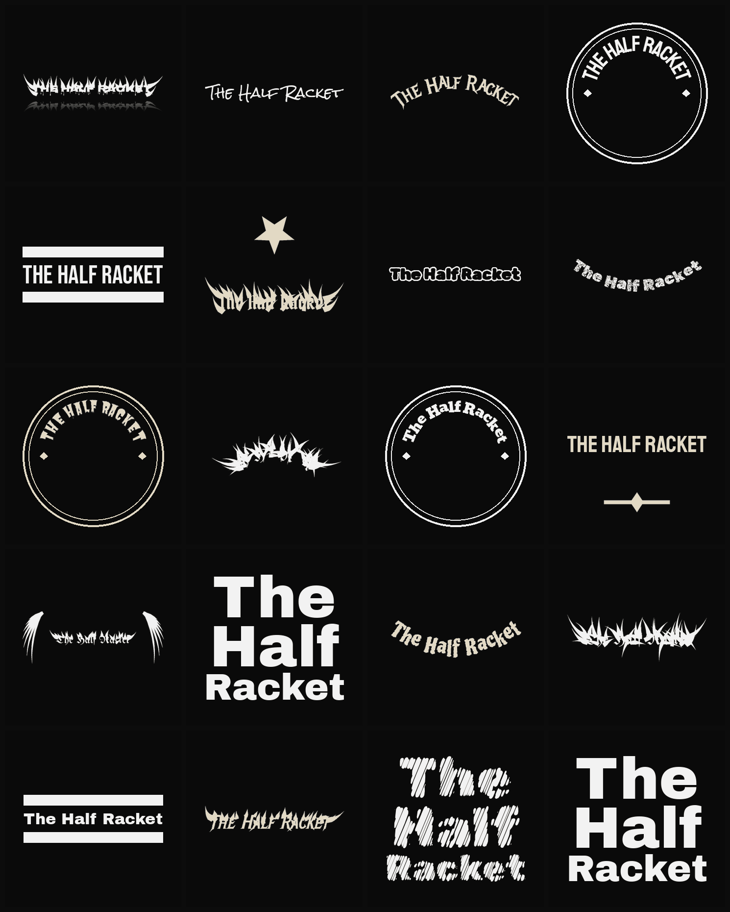 Twenty The Half Racket band logo ideas — different faces, treatments and spike settings
