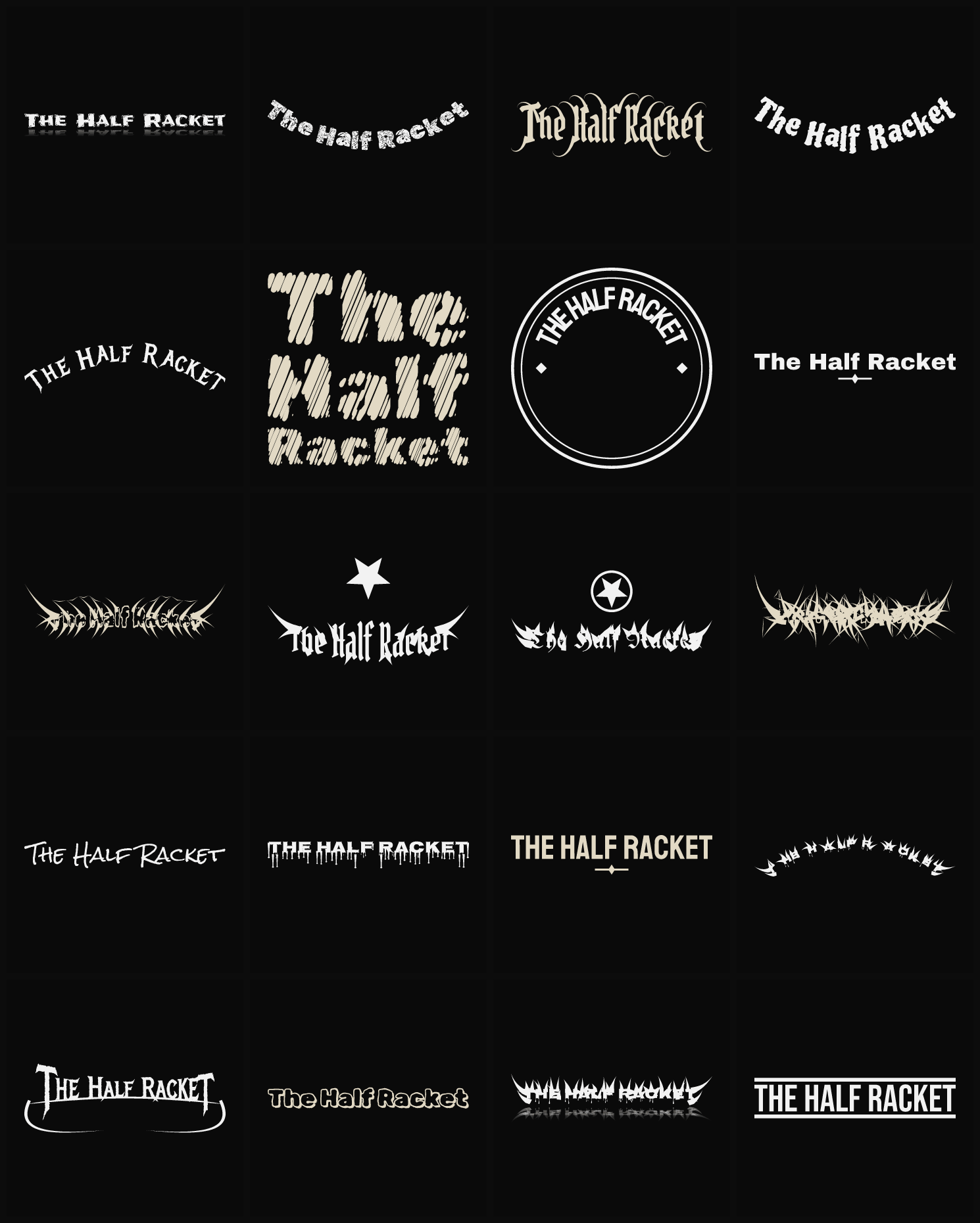 Twenty The Half Racket band logo ideas — different faces, treatments and spike settings