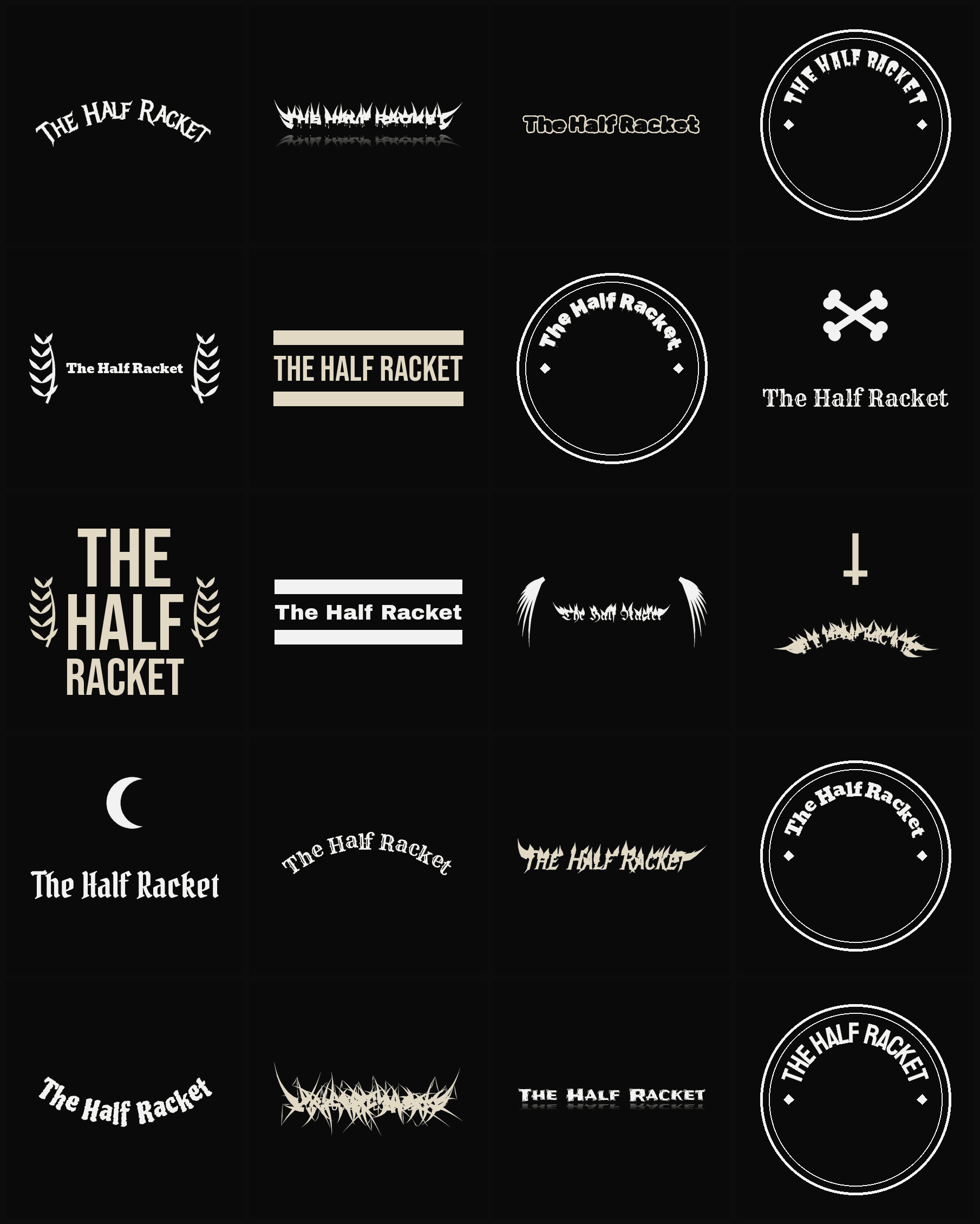 Twenty The Half Racket band logo ideas — different faces, treatments and spike settings