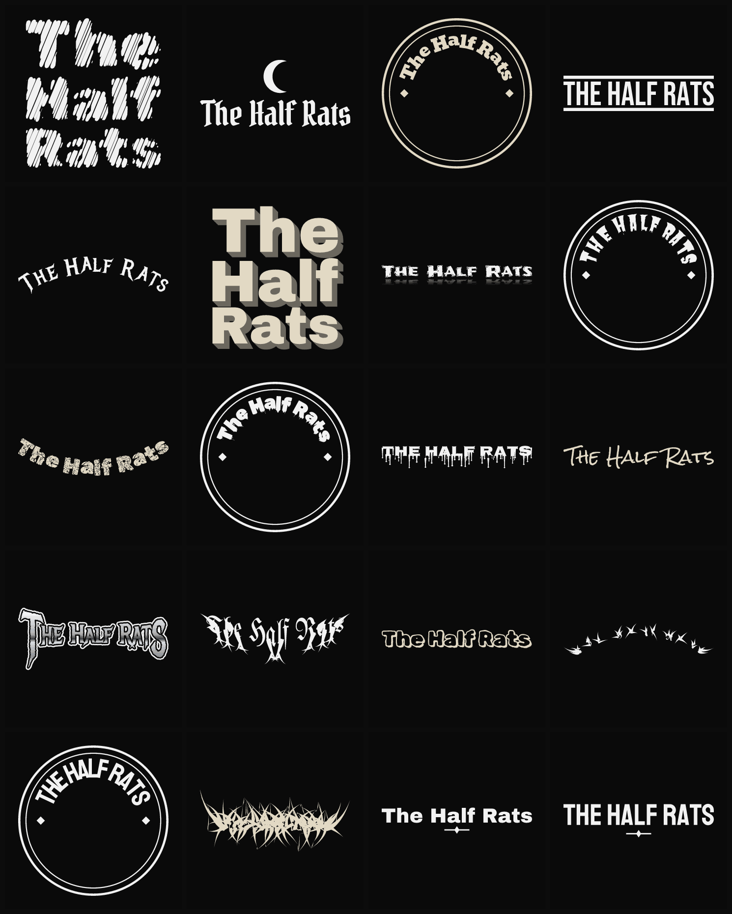 Twenty The Half Rats band logo ideas — different faces, treatments and spike settings