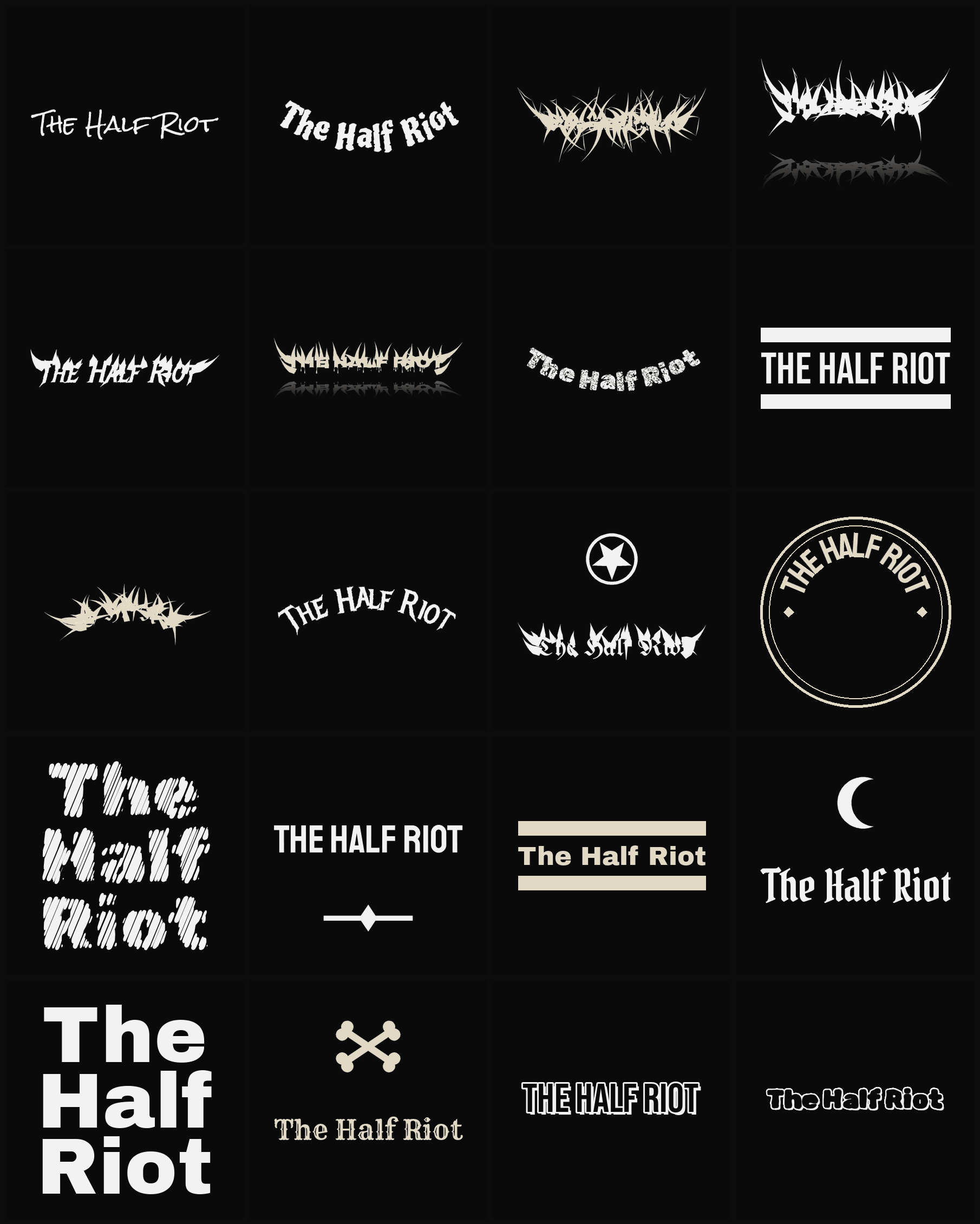 Twenty The Half Riot band logo ideas — different faces, treatments and spike settings