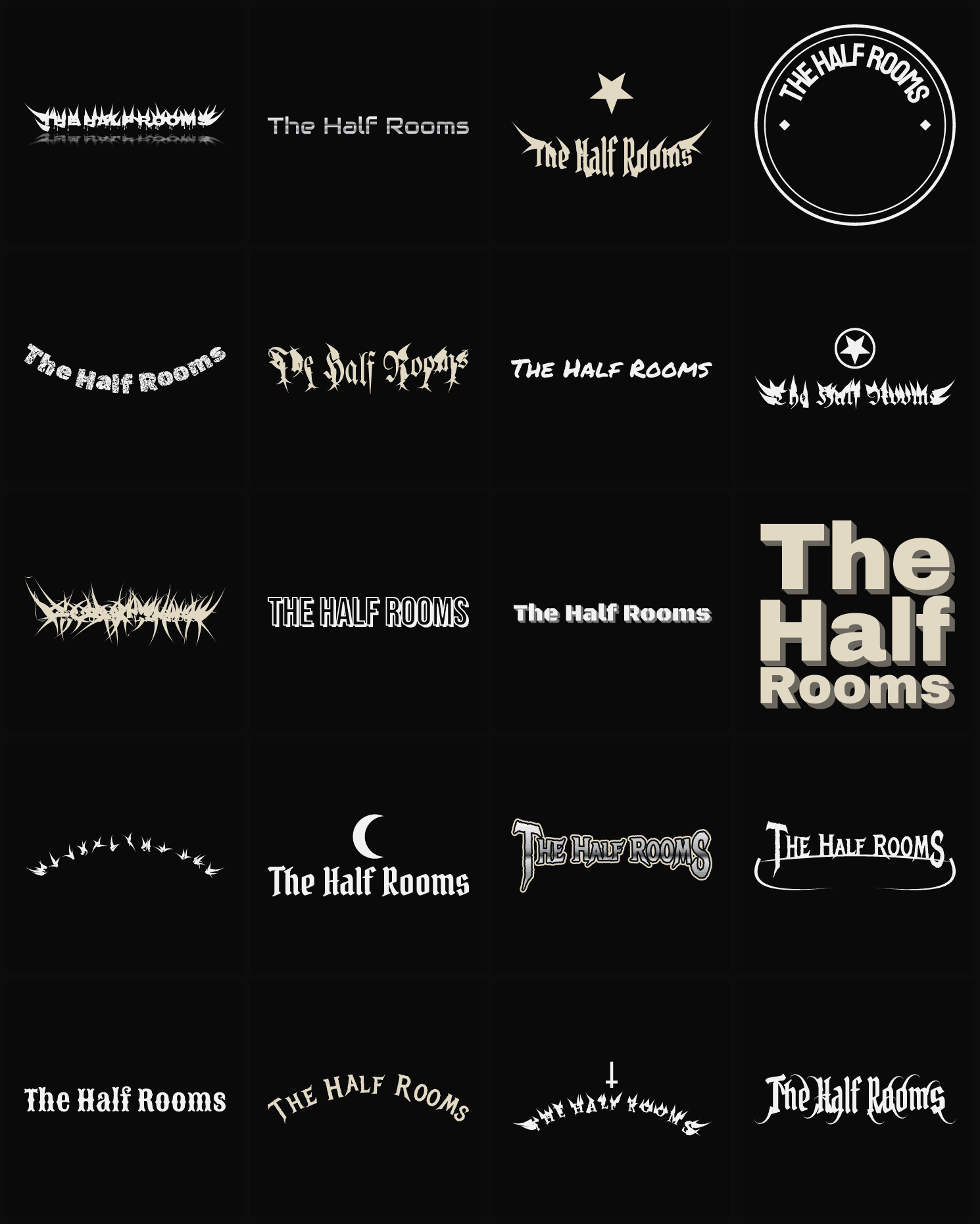 Twenty The Half Rooms band logo ideas — different faces, treatments and spike settings