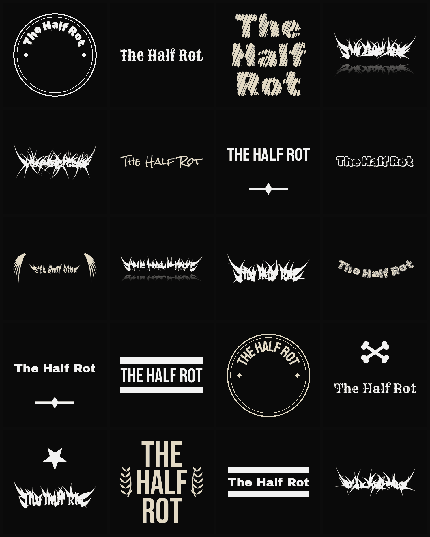 Twenty The Half Rot band logo ideas — different faces, treatments and spike settings