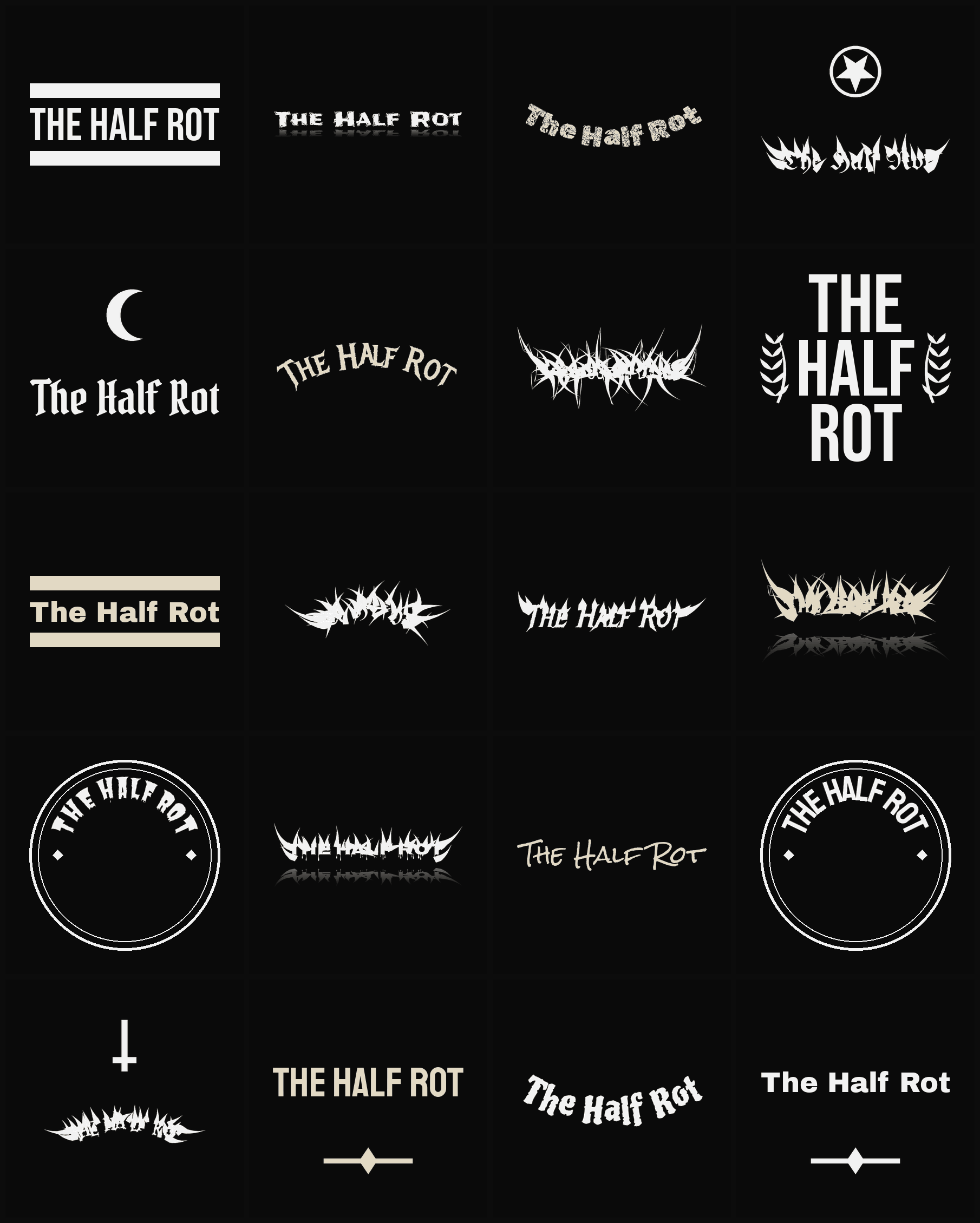 Twenty The Half Rot band logo ideas — different faces, treatments and spike settings