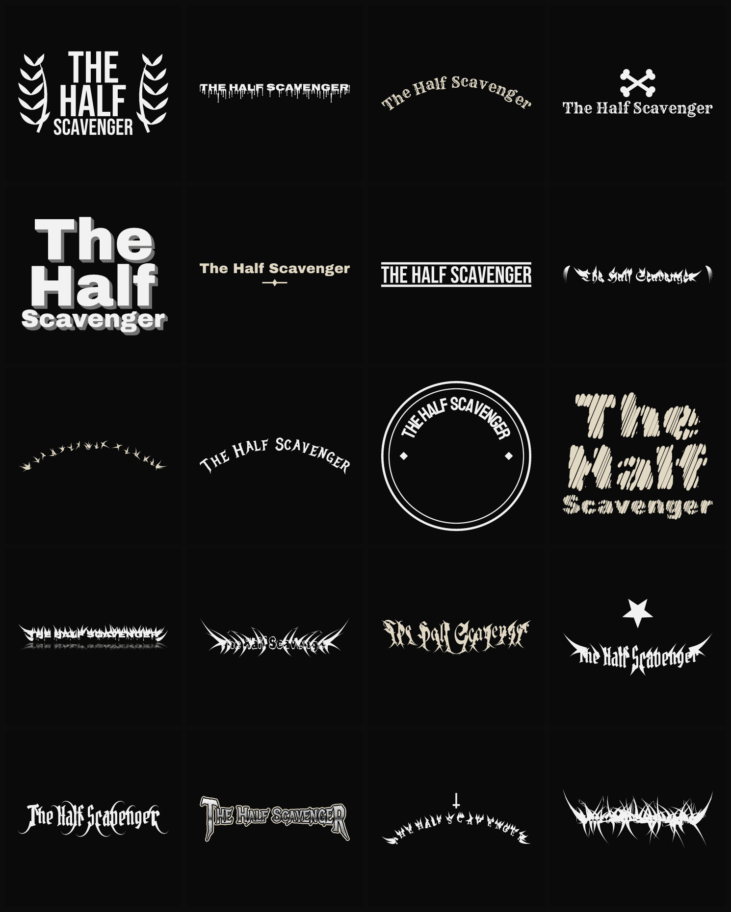 Twenty The Half Scavenger band logo ideas — different faces, treatments and spike settings