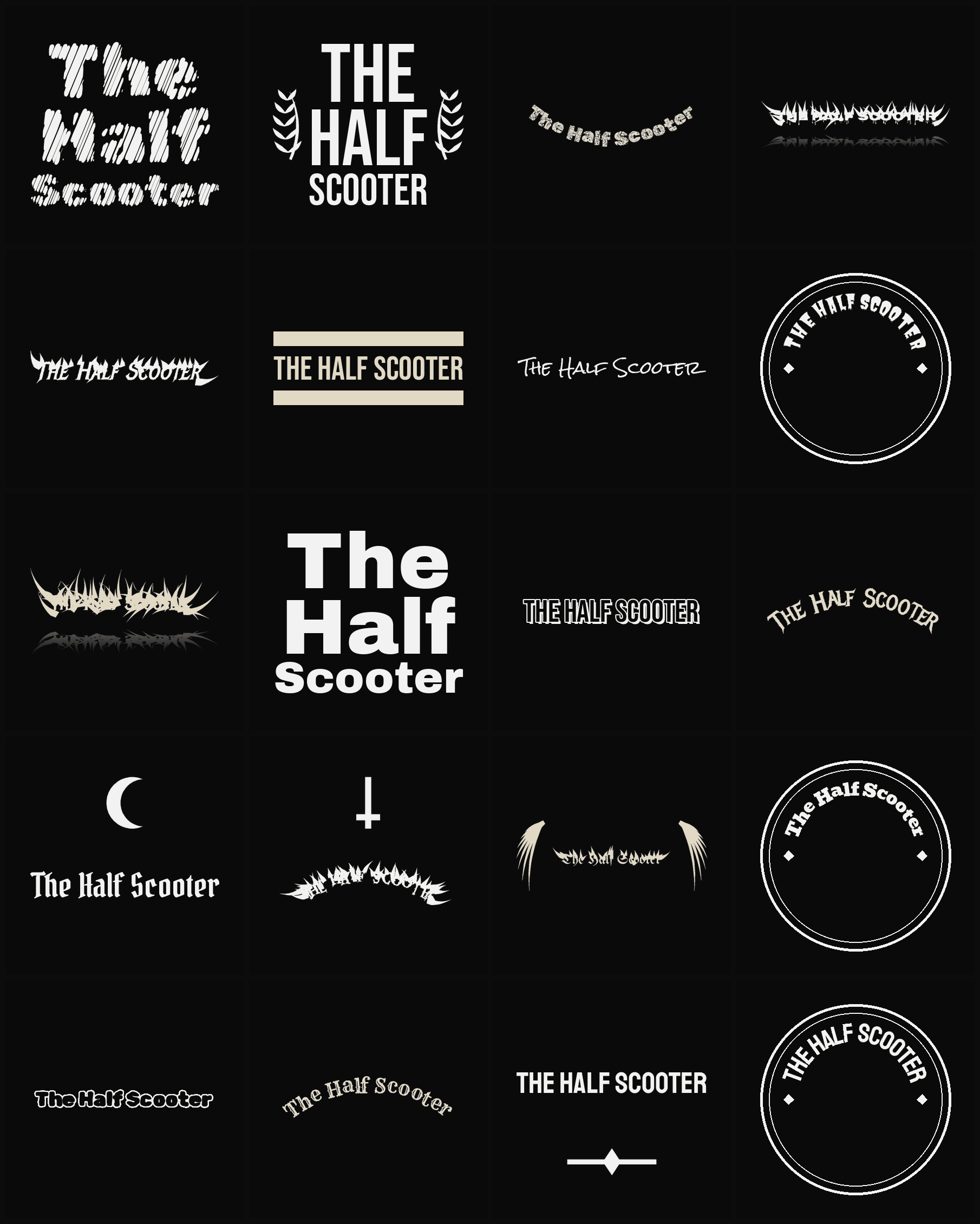 Twenty The Half Scooter band logo ideas — different faces, treatments and spike settings