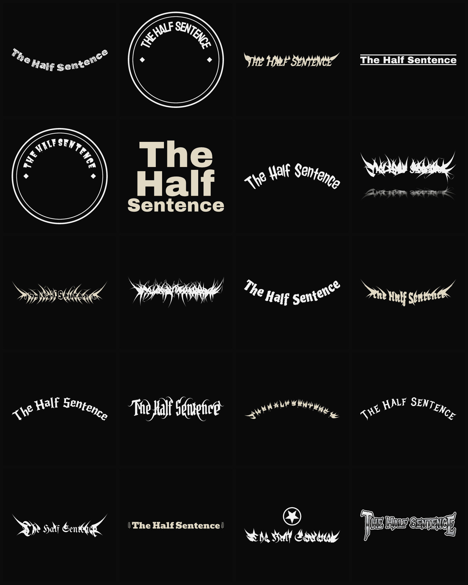Twenty The Half Sentence band logo ideas — different faces, treatments and spike settings