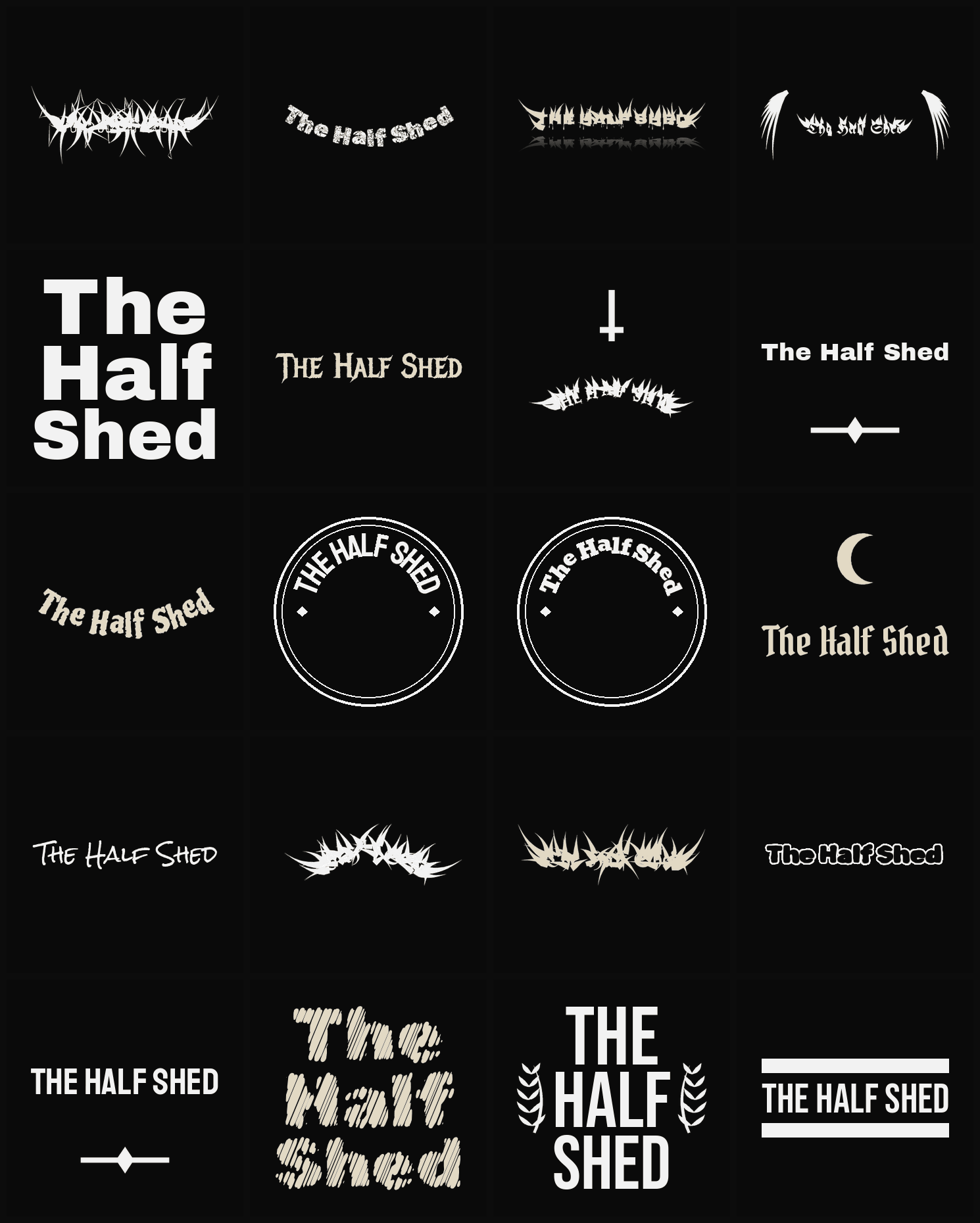 Twenty The Half Shed band logo ideas — different faces, treatments and spike settings
