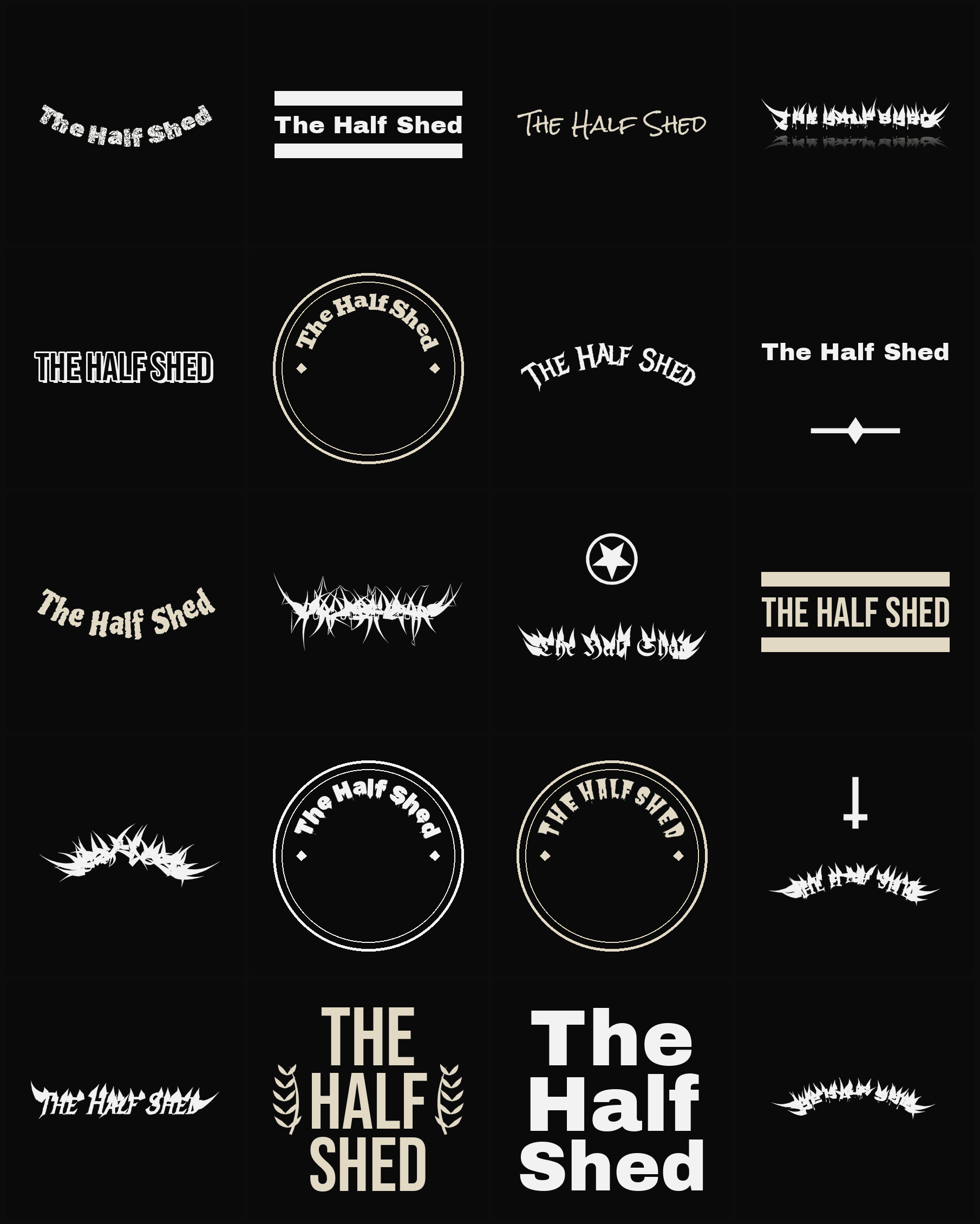 Twenty The Half Shed band logo ideas — different faces, treatments and spike settings