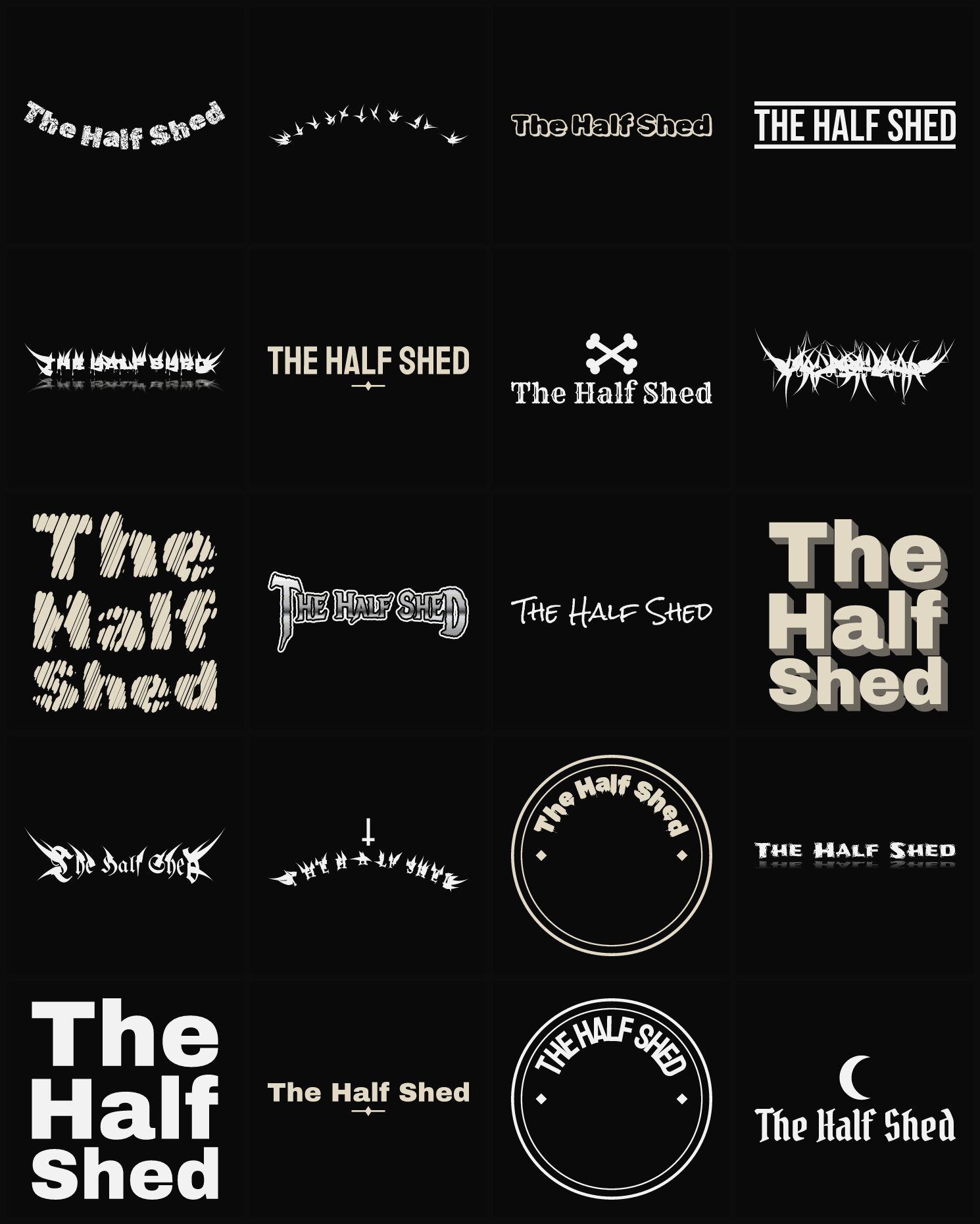 Twenty The Half Shed band logo ideas — different faces, treatments and spike settings