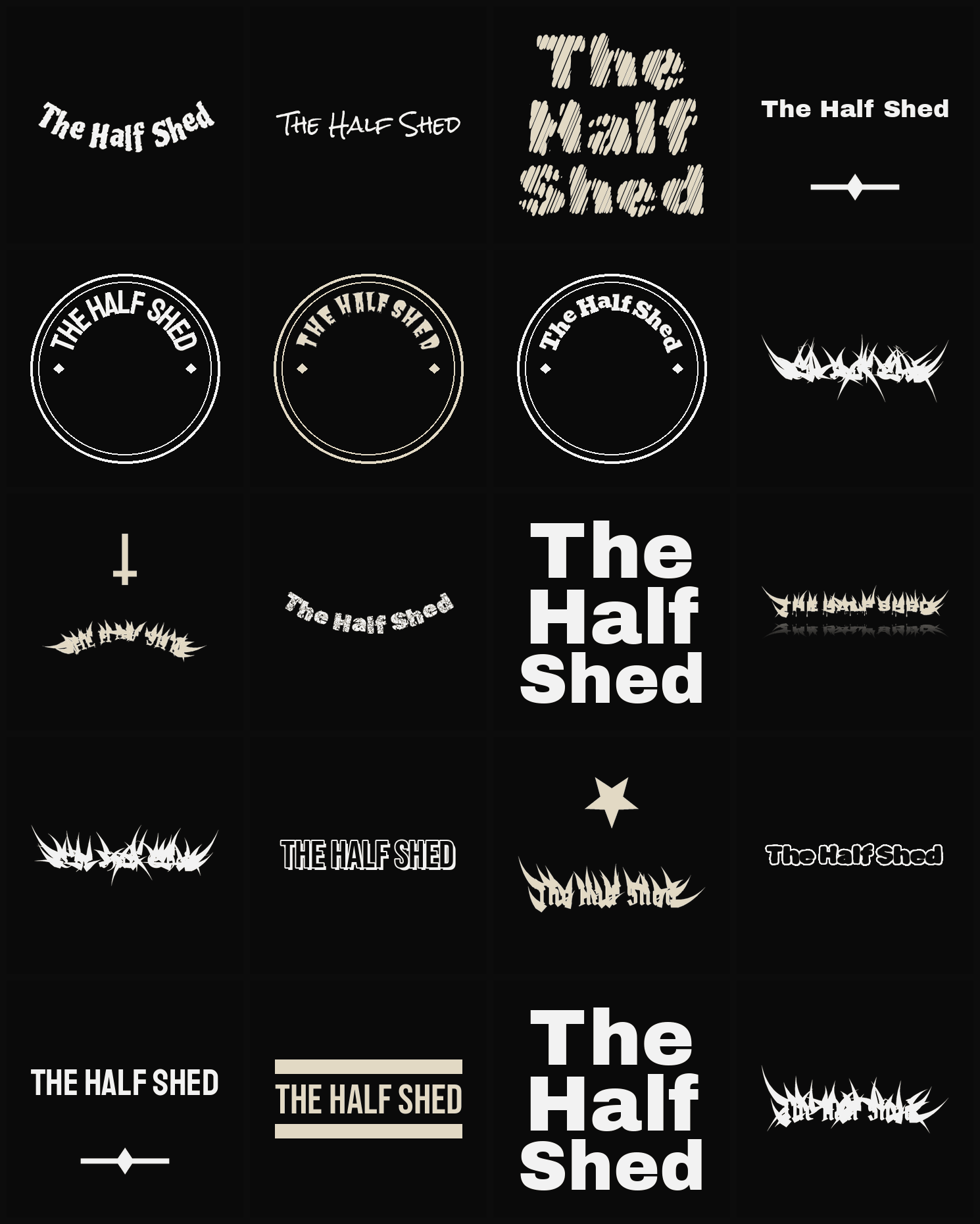 Twenty The Half Shed band logo ideas — different faces, treatments and spike settings