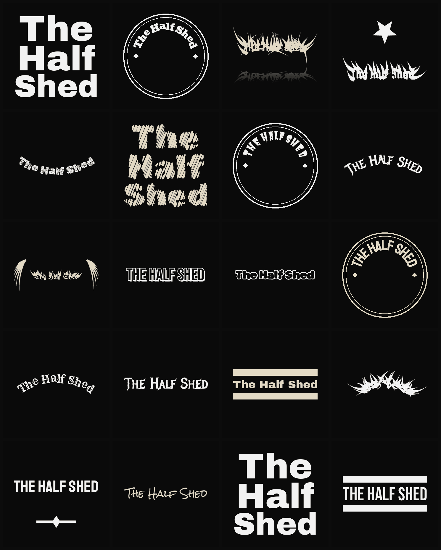 Twenty The Half Shed band logo ideas — different faces, treatments and spike settings