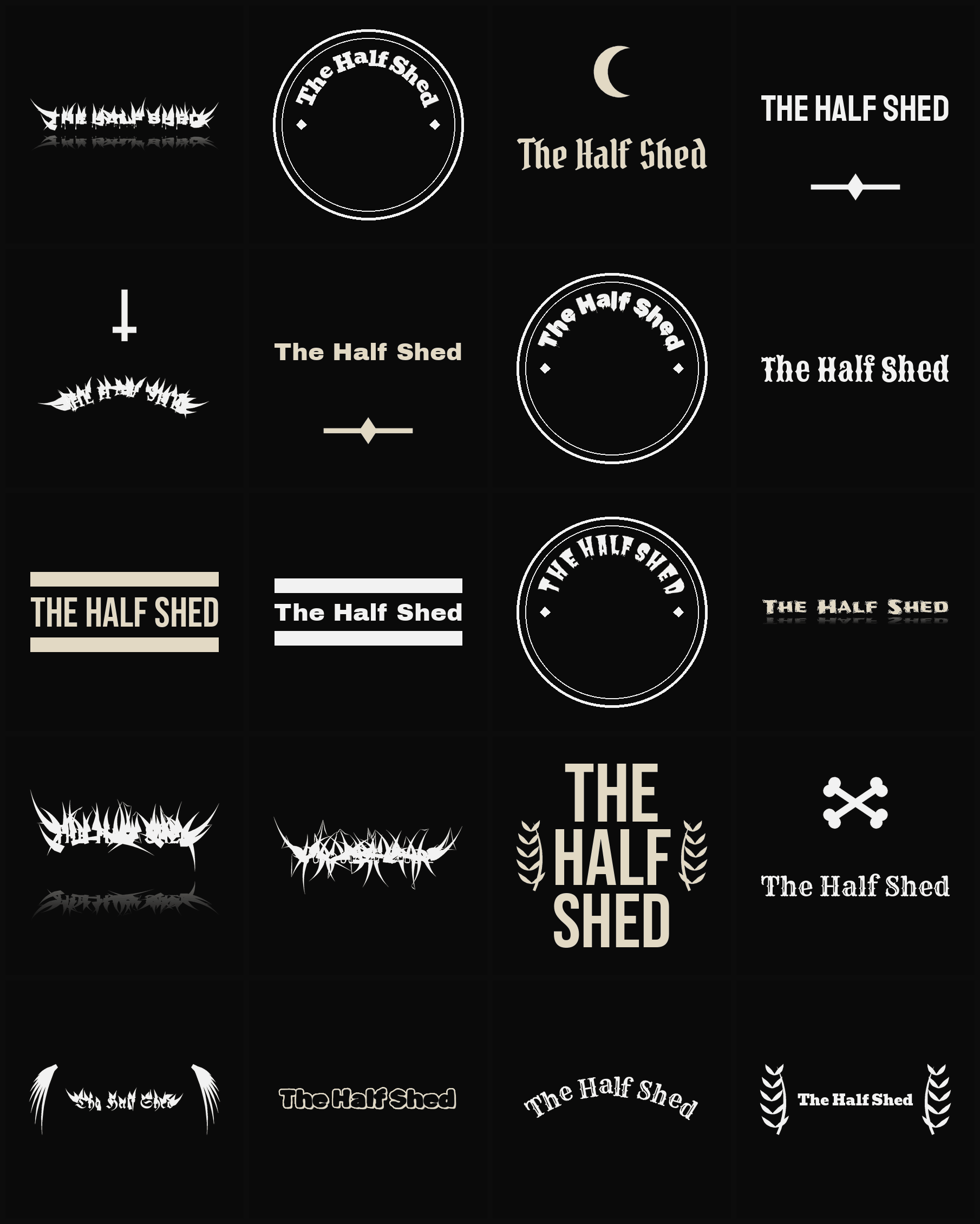 Twenty The Half Shed band logo ideas — different faces, treatments and spike settings