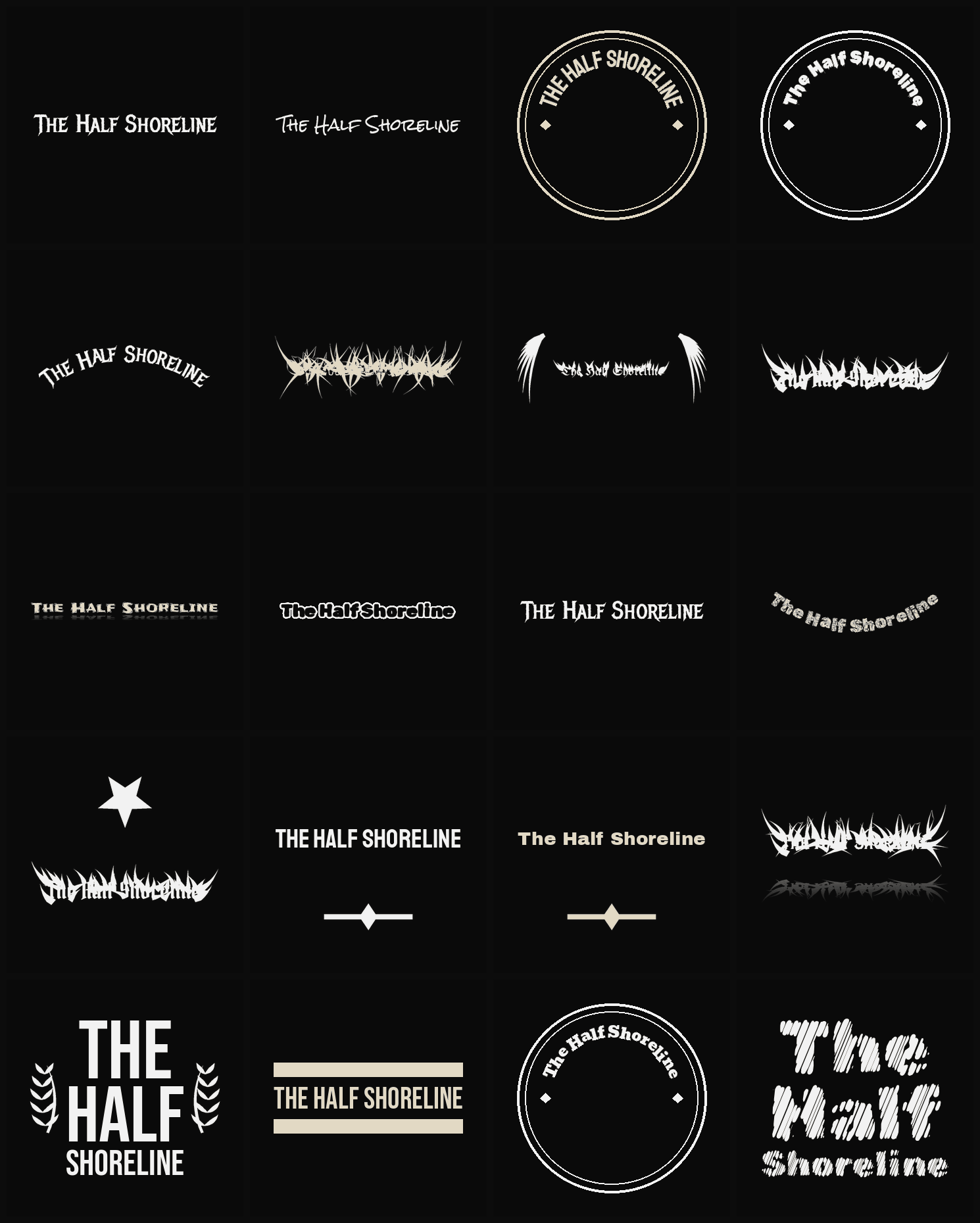 Twenty The Half Shoreline band logo ideas — different faces, treatments and spike settings