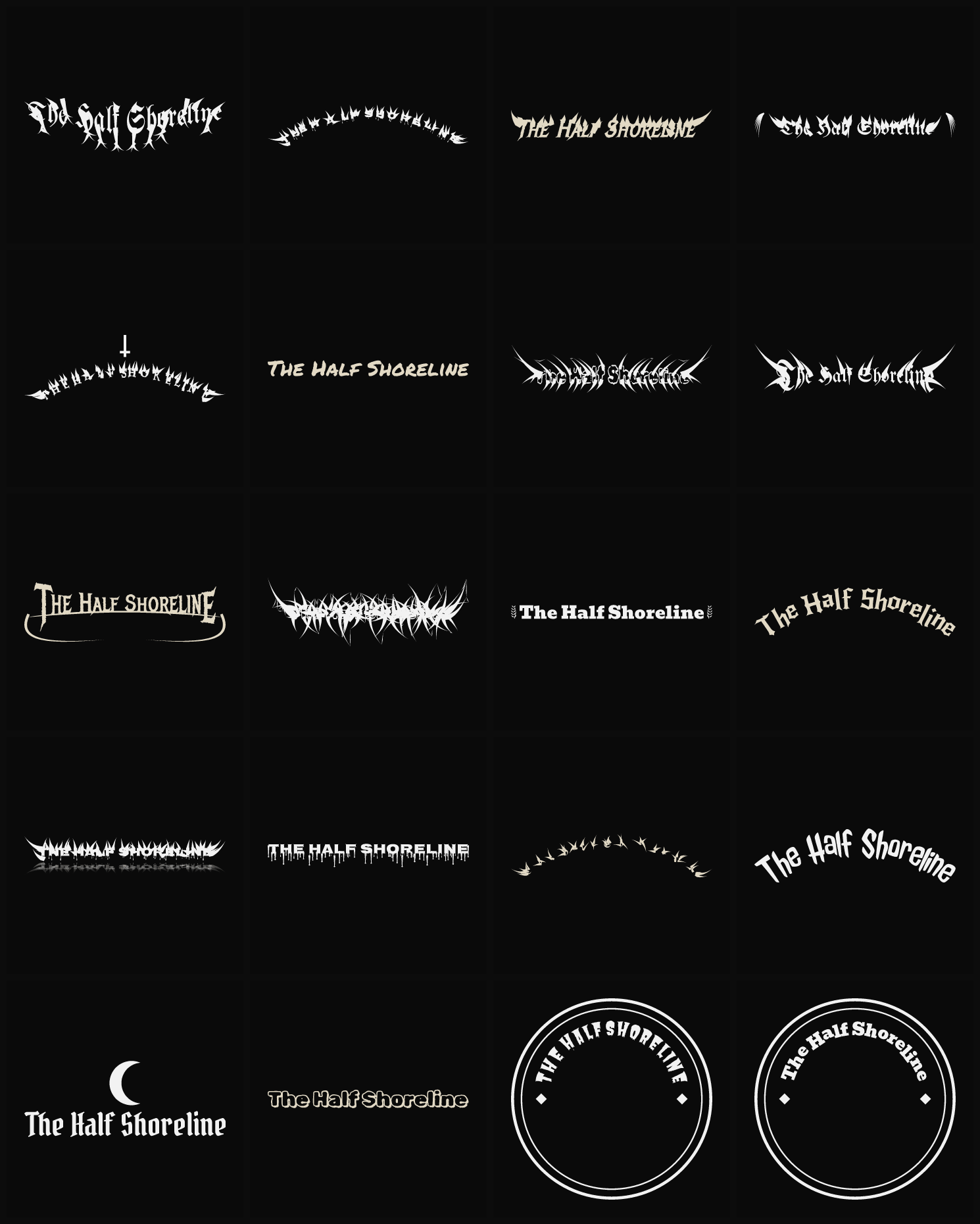 Twenty The Half Shoreline band logo ideas — different faces, treatments and spike settings