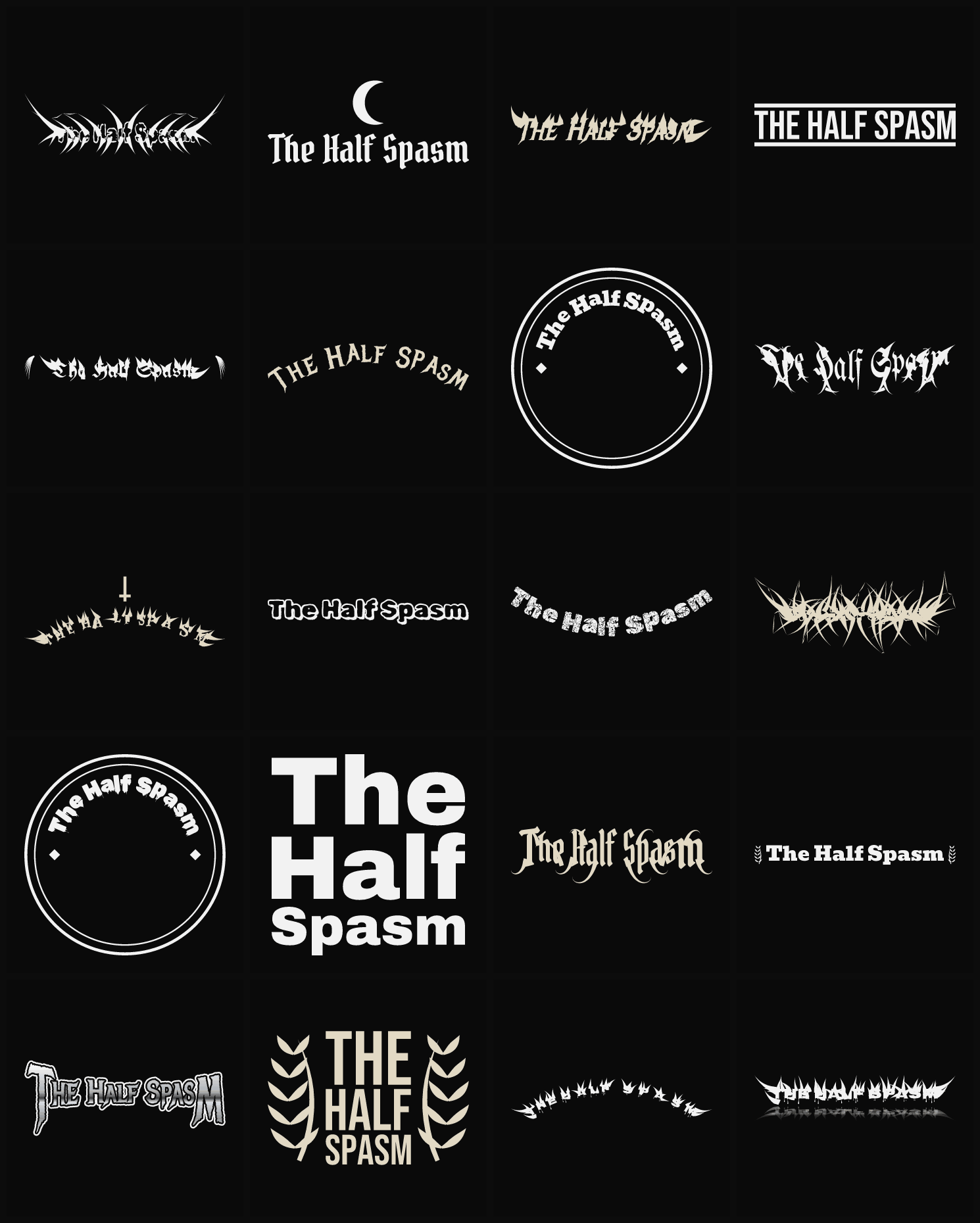 Twenty The Half Spasm band logo ideas — different faces, treatments and spike settings