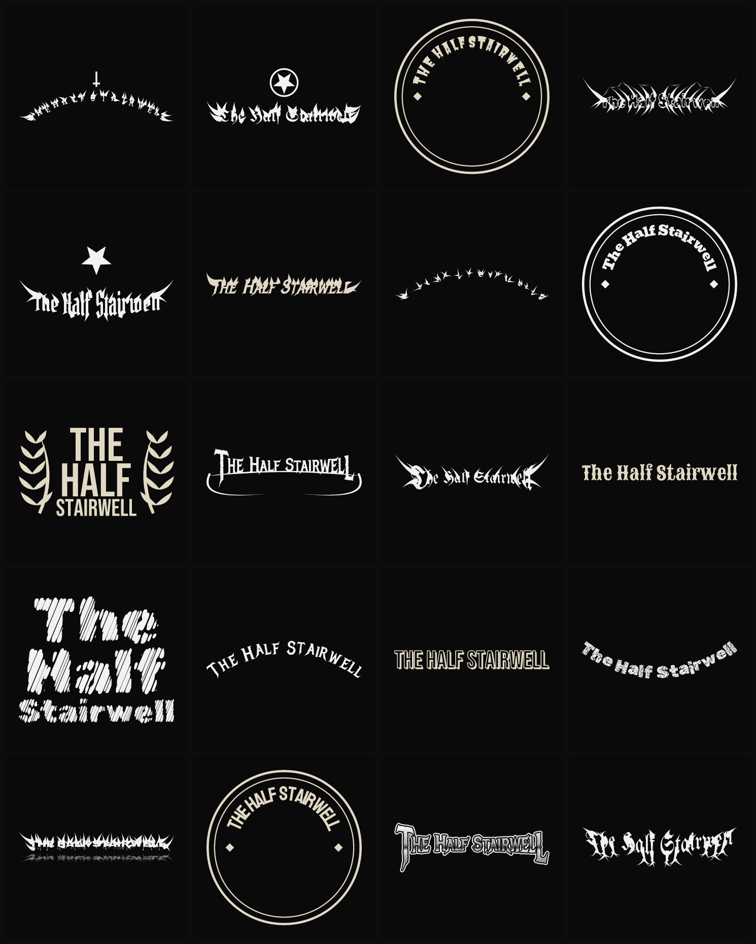 Twenty The Half Stairwell band logo ideas — different faces, treatments and spike settings