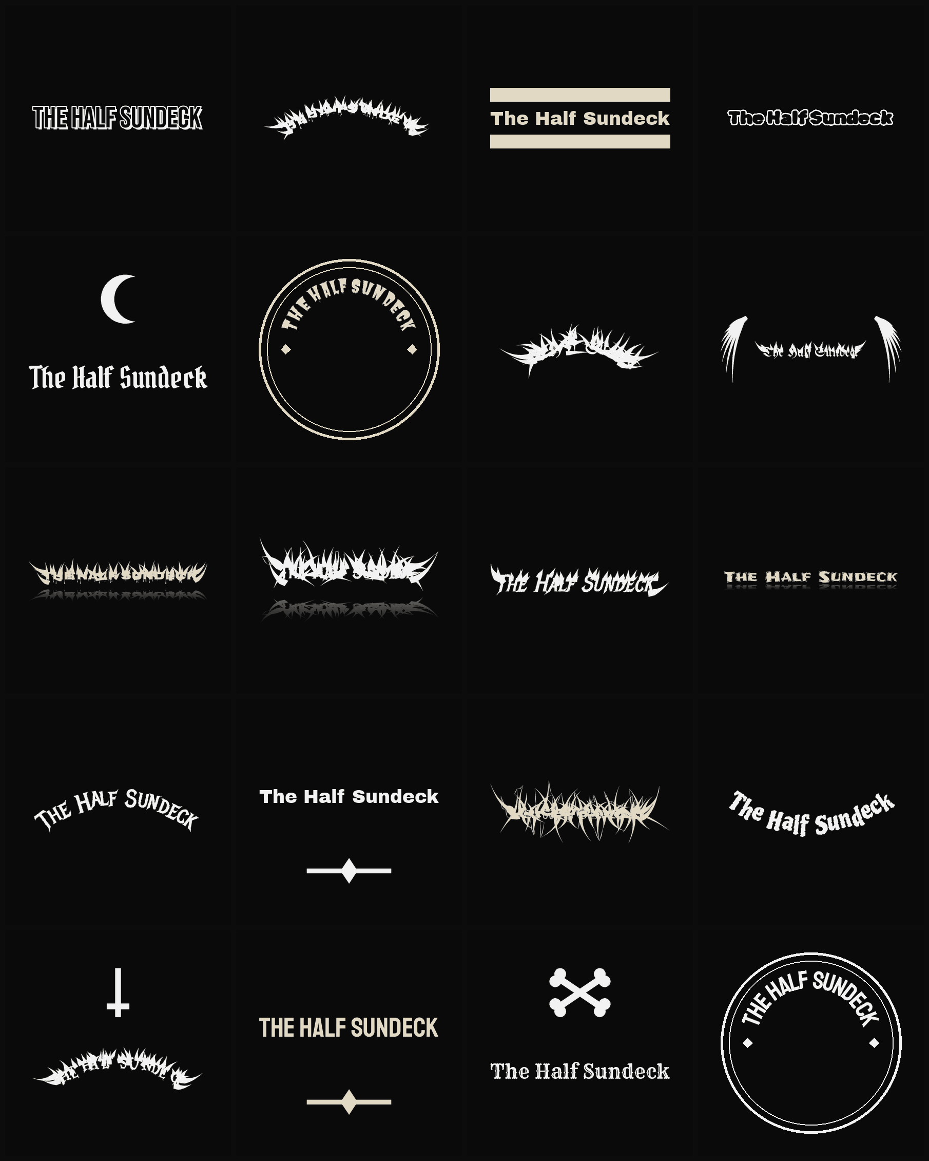 Twenty The Half Sundeck band logo ideas — different faces, treatments and spike settings