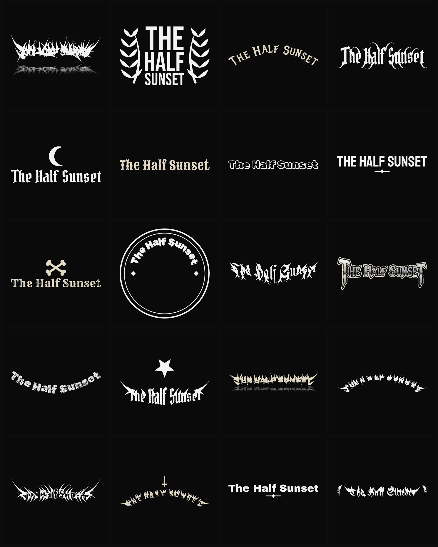 Twenty The Half Sunset band logo ideas — different faces, treatments and spike settings