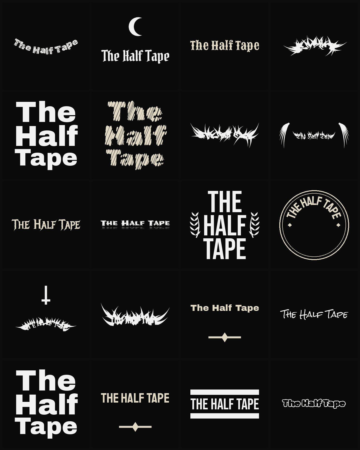 Twenty The Half Tape band logo ideas — different faces, treatments and spike settings