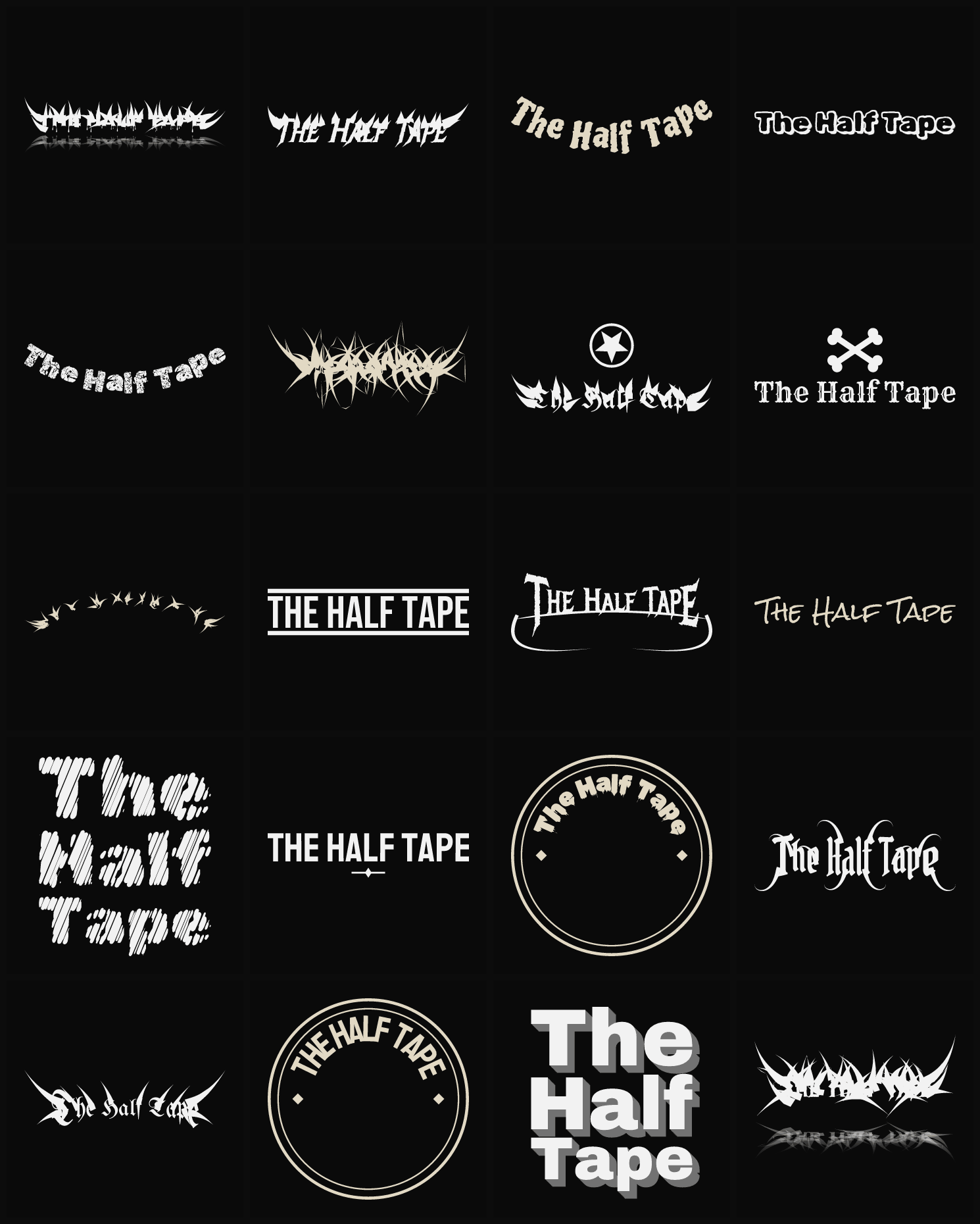 Twenty The Half Tape band logo ideas — different faces, treatments and spike settings