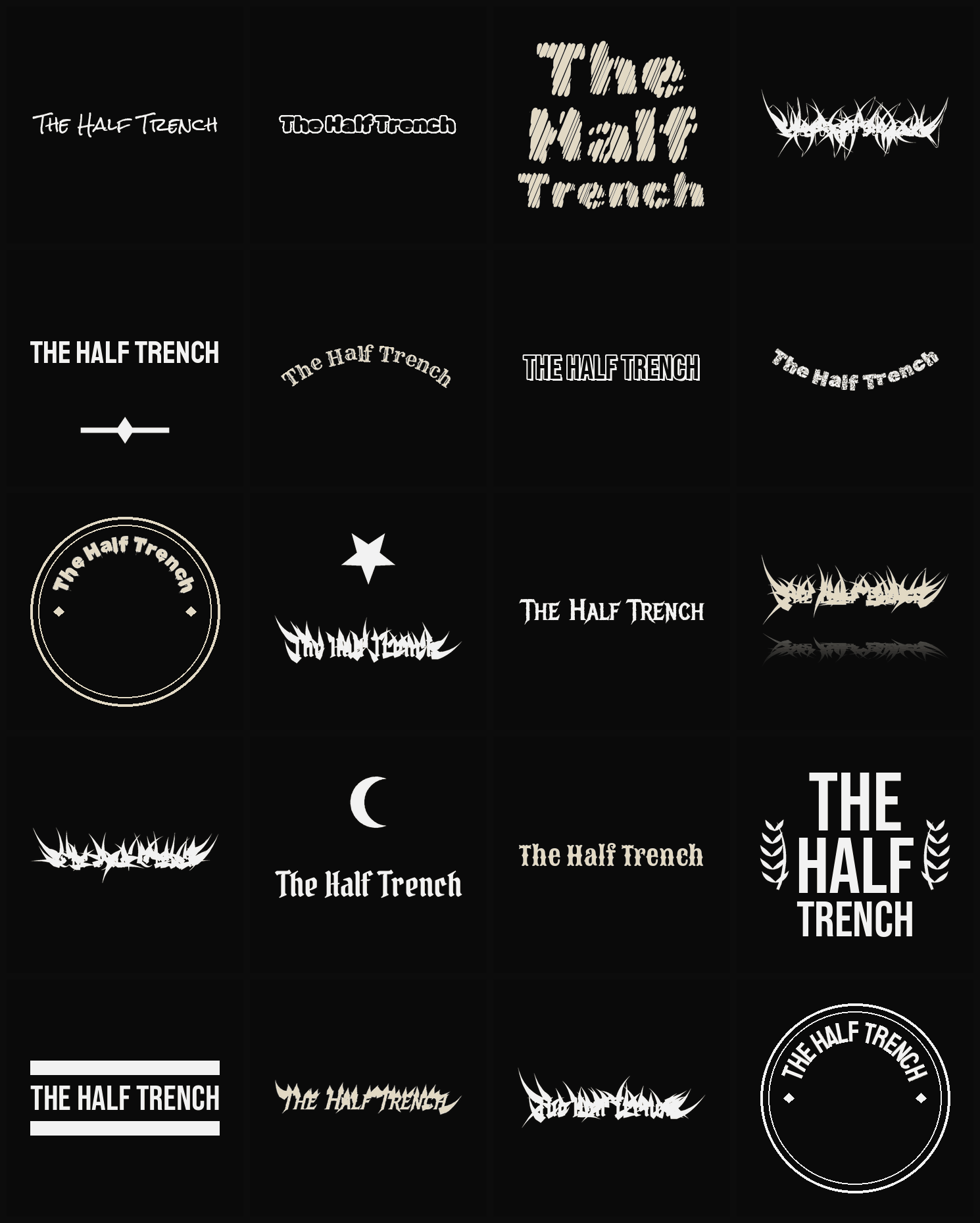 Twenty The Half Trench band logo ideas — different faces, treatments and spike settings