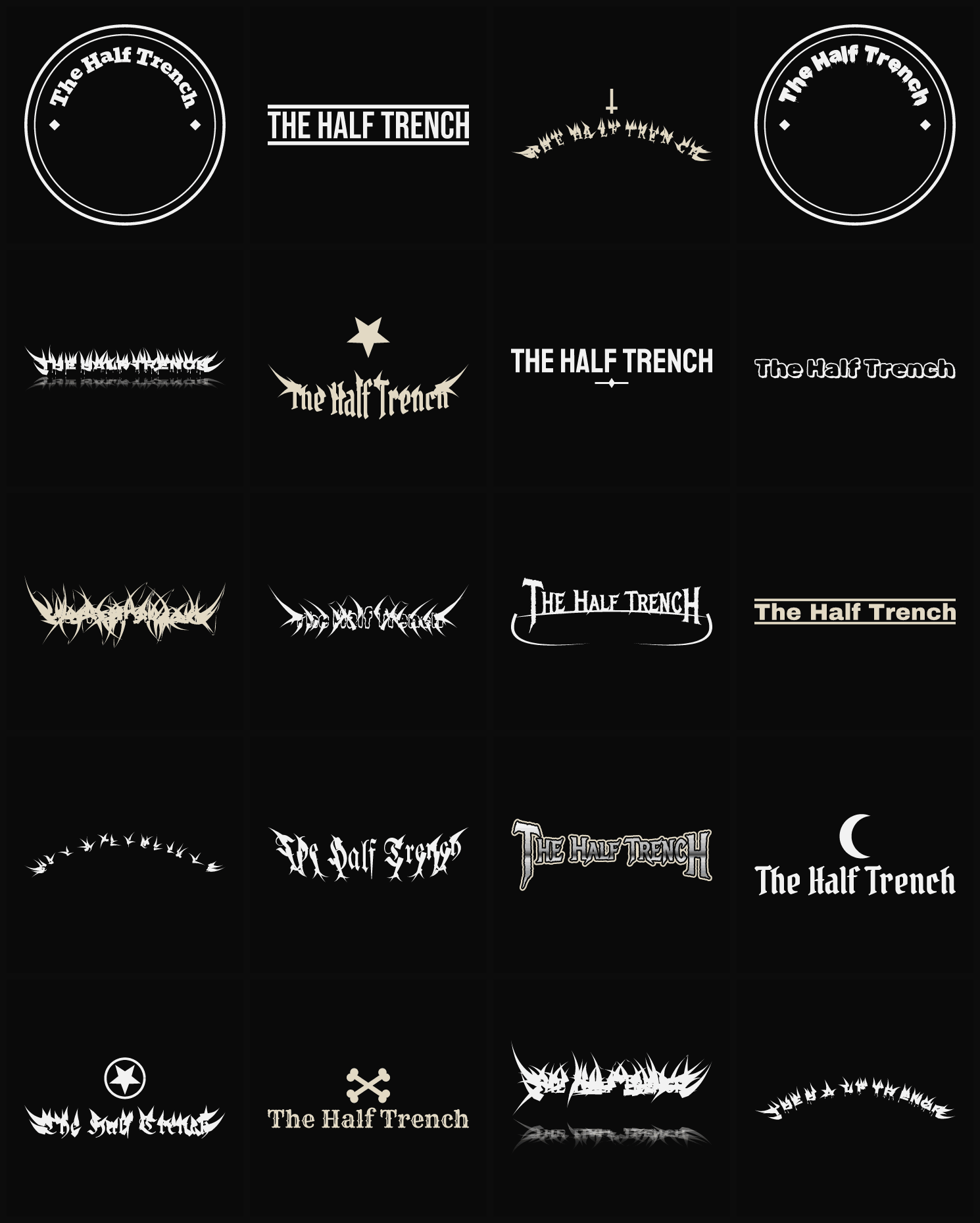 Twenty The Half Trench band logo ideas — different faces, treatments and spike settings