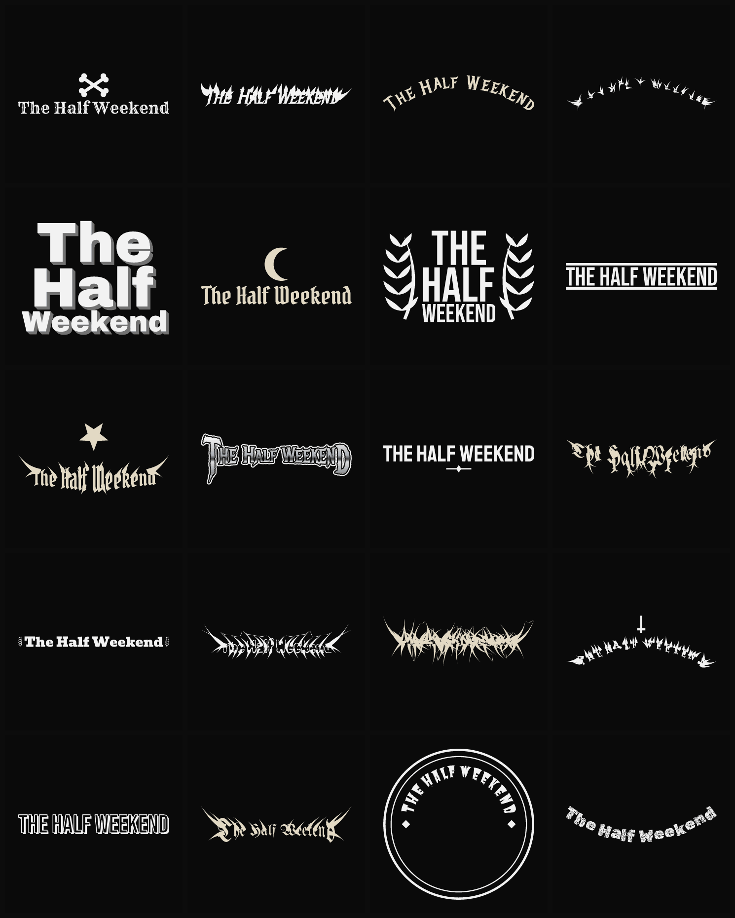 Twenty The Half Weekend band logo ideas — different faces, treatments and spike settings