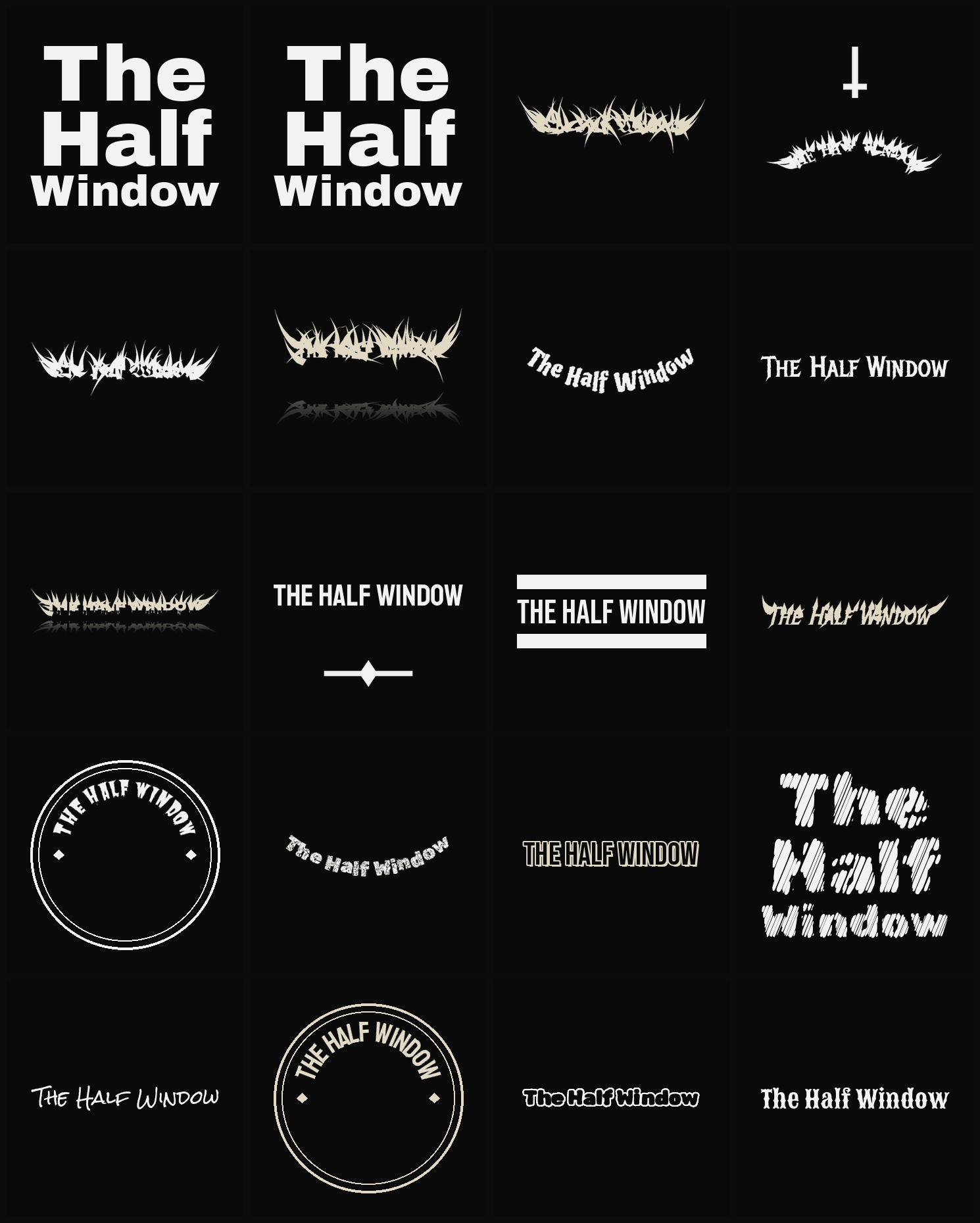 Twenty The Half Window band logo ideas — different faces, treatments and spike settings