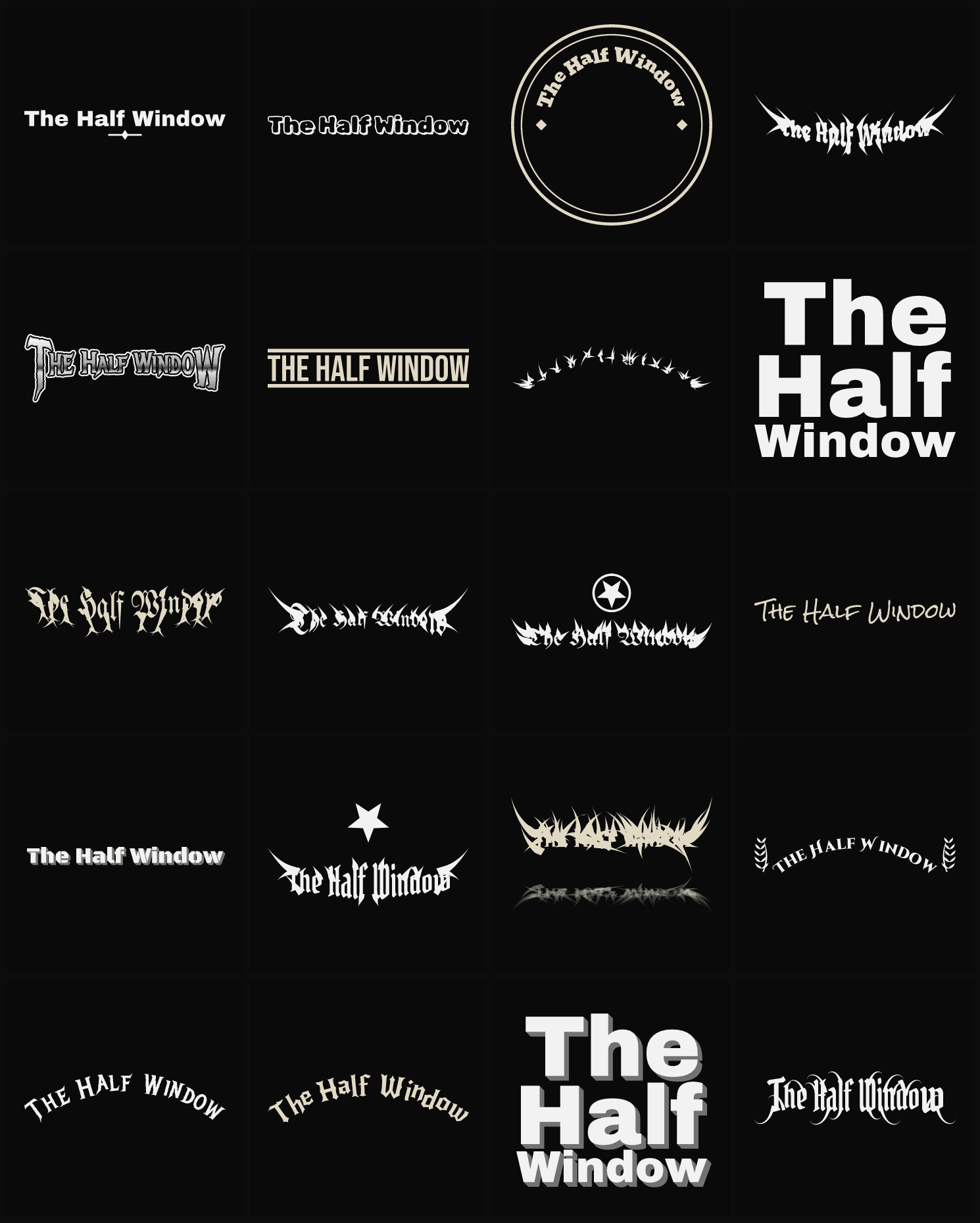 Twenty The Half Window band logo ideas — different faces, treatments and spike settings