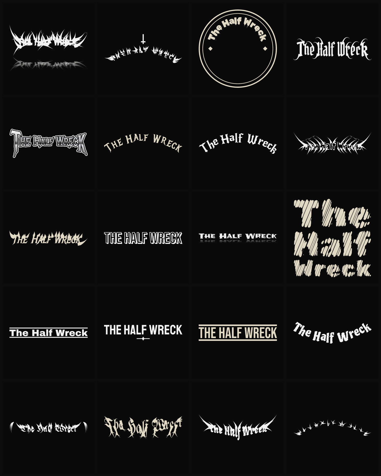 Twenty The Half Wreck band logo ideas — different faces, treatments and spike settings