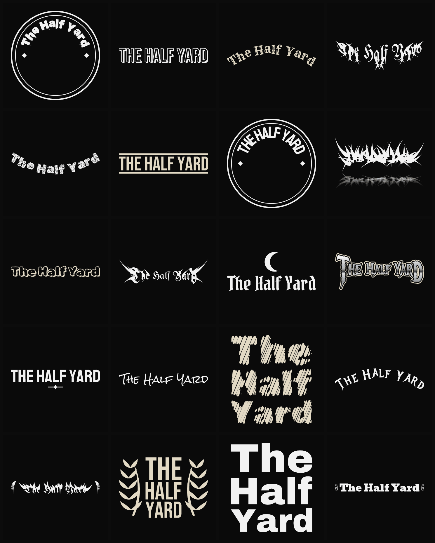 Twenty The Half Yard band logo ideas — different faces, treatments and spike settings