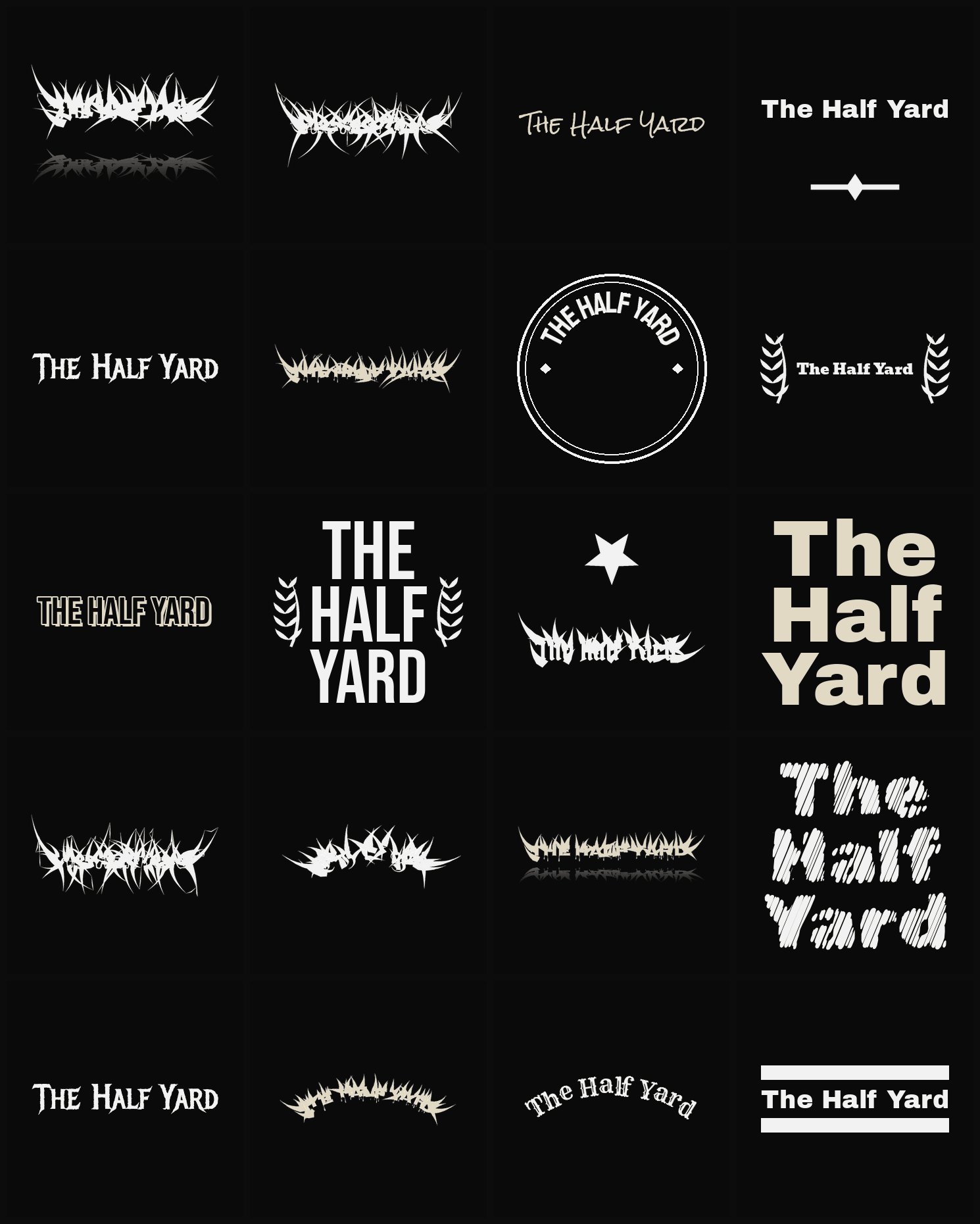 Twenty The Half Yard band logo ideas — different faces, treatments and spike settings