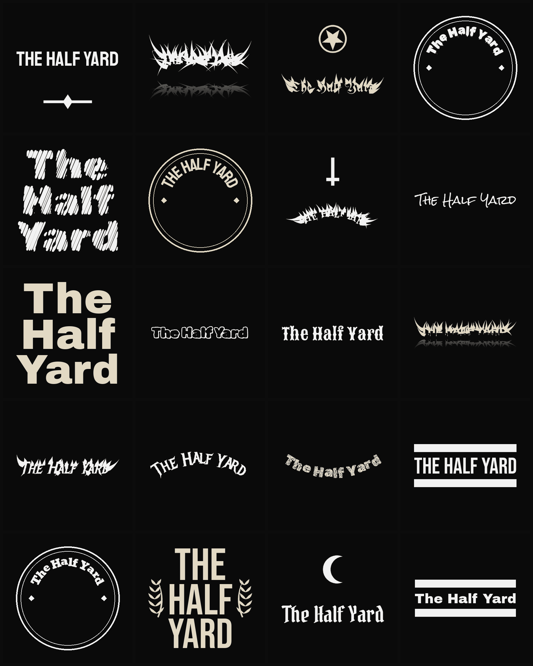 Twenty The Half Yard band logo ideas — different faces, treatments and spike settings
